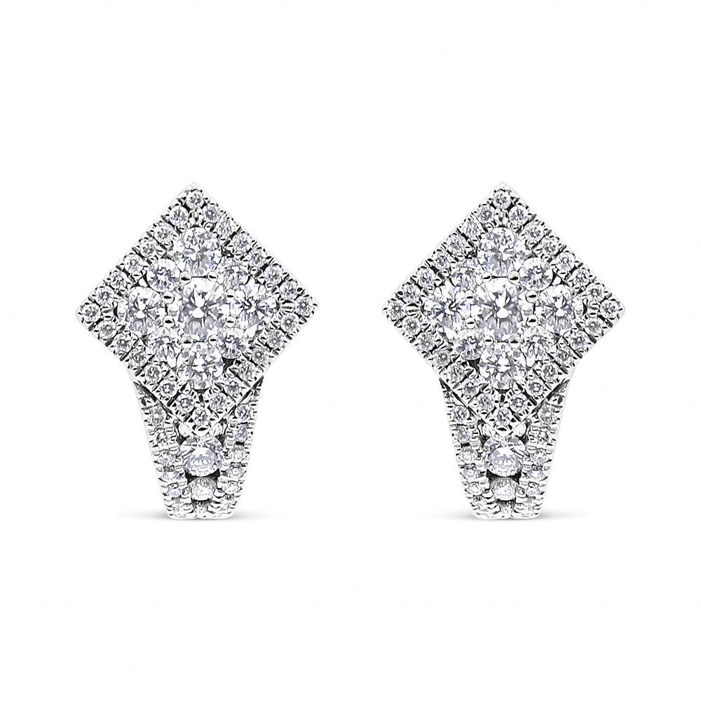 18K White Gold 1 1/10 Cttw Round Diamond Cluster with Halo Hoop Huggie Earring (F-G Color, VS1-VS2 Clarity) - Bijoux-NYC Direct