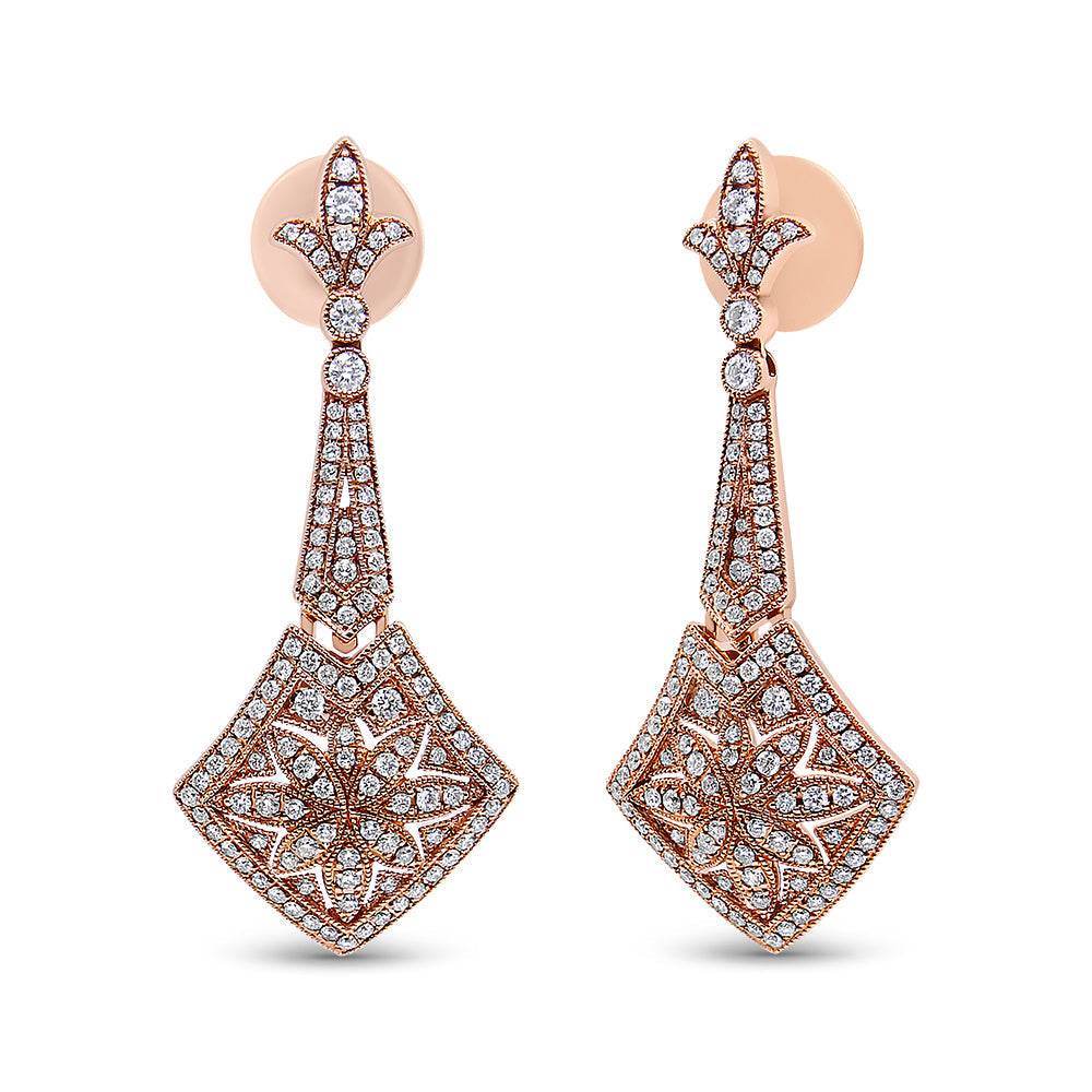 18K Rose Gold 1 1/3 Cttw Diamond Studded Fleur De Lis Trellis Style Drop and Dangle Earring (F-G Color, VS1-VS2 Clarity) - Bijoux-NYC Direct