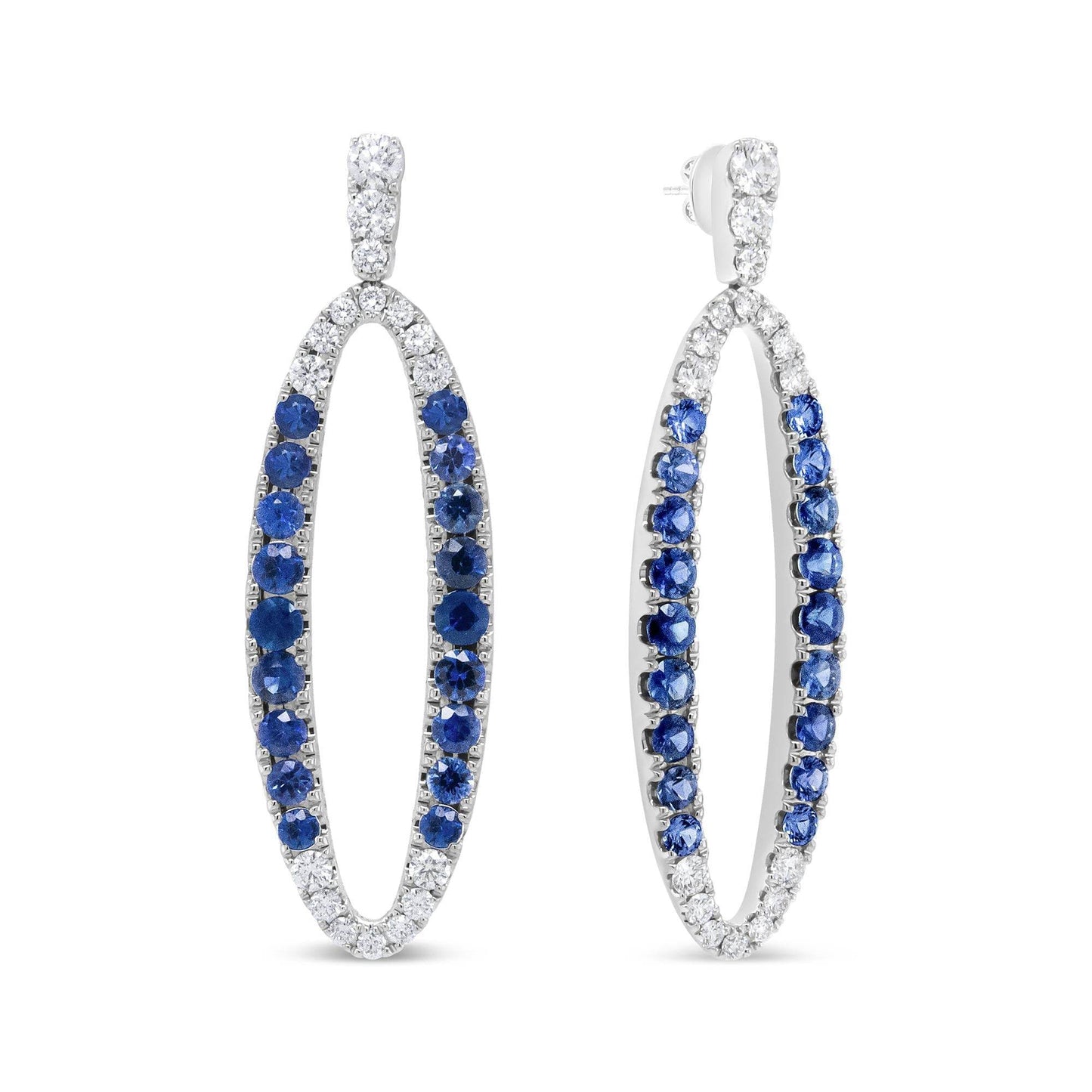 18K White Gold 1.11 Cttw Blue Round Diamond and Blue Sapphire Openwork Oval Shaped Dangle Earrings (F-G Color, VS1-VS2 Clarity) - Bijoux-NYC Direct