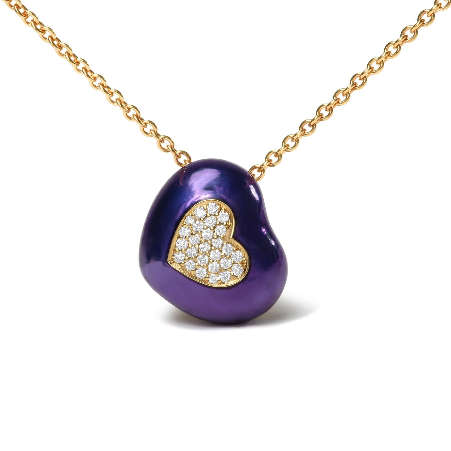 18K Yellow Gold Blue Enamel 1/10 Cttw Round Pave Diamonds Heart Shape 18" Pendant Necklace (G-H Color, SI1-SI2 Clarity) - Adjustable up to 16" - 18" - Bijoux-NYC Direct