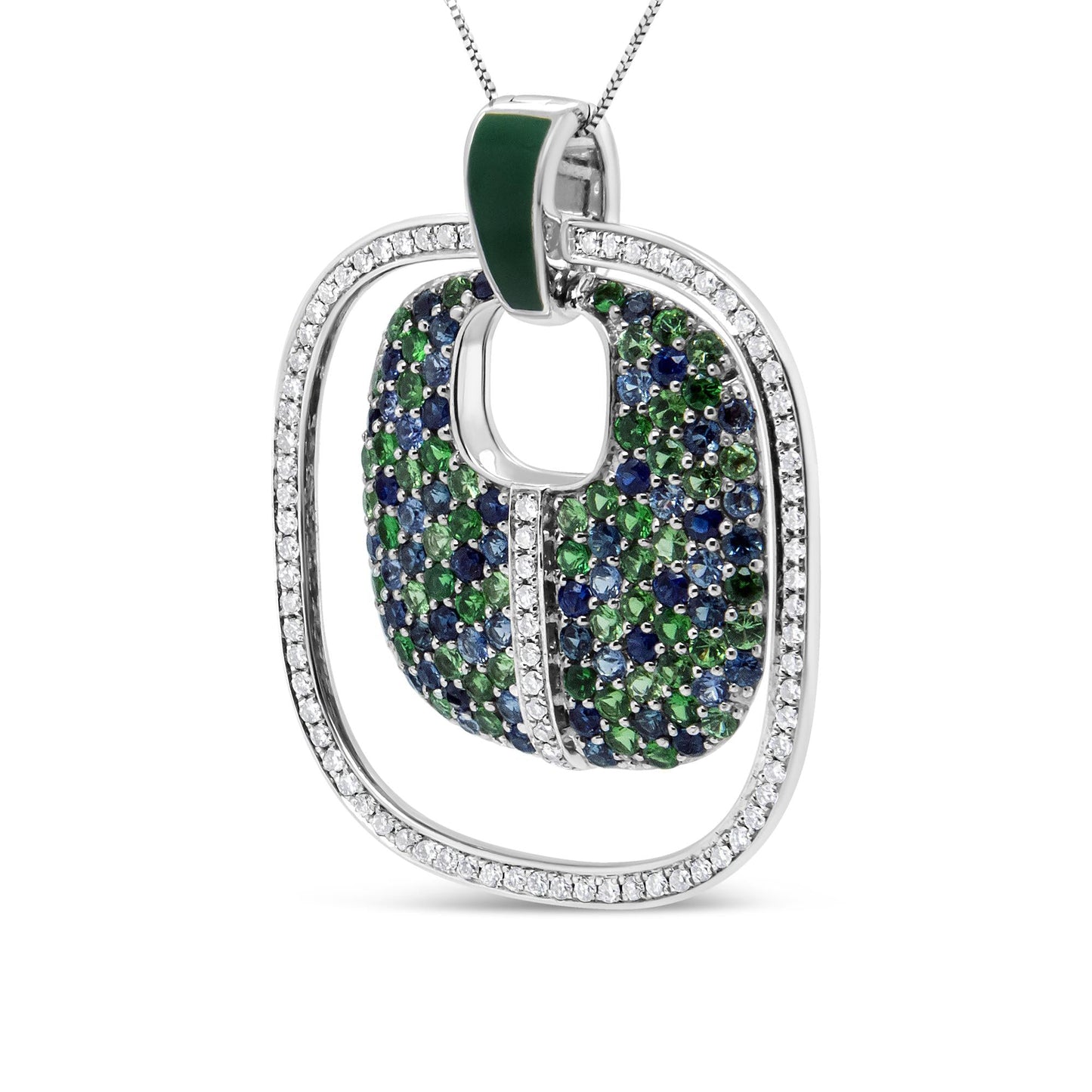 .925 Sterling Silver Green Enamel Pendant with 1/2 Cttw Diamond, Sapphire, and Tsavorite Openwork Statement 18" Pendant Necklace (F-G Color, VS1-VS2 Clarity) - Bijoux-NYC Direct