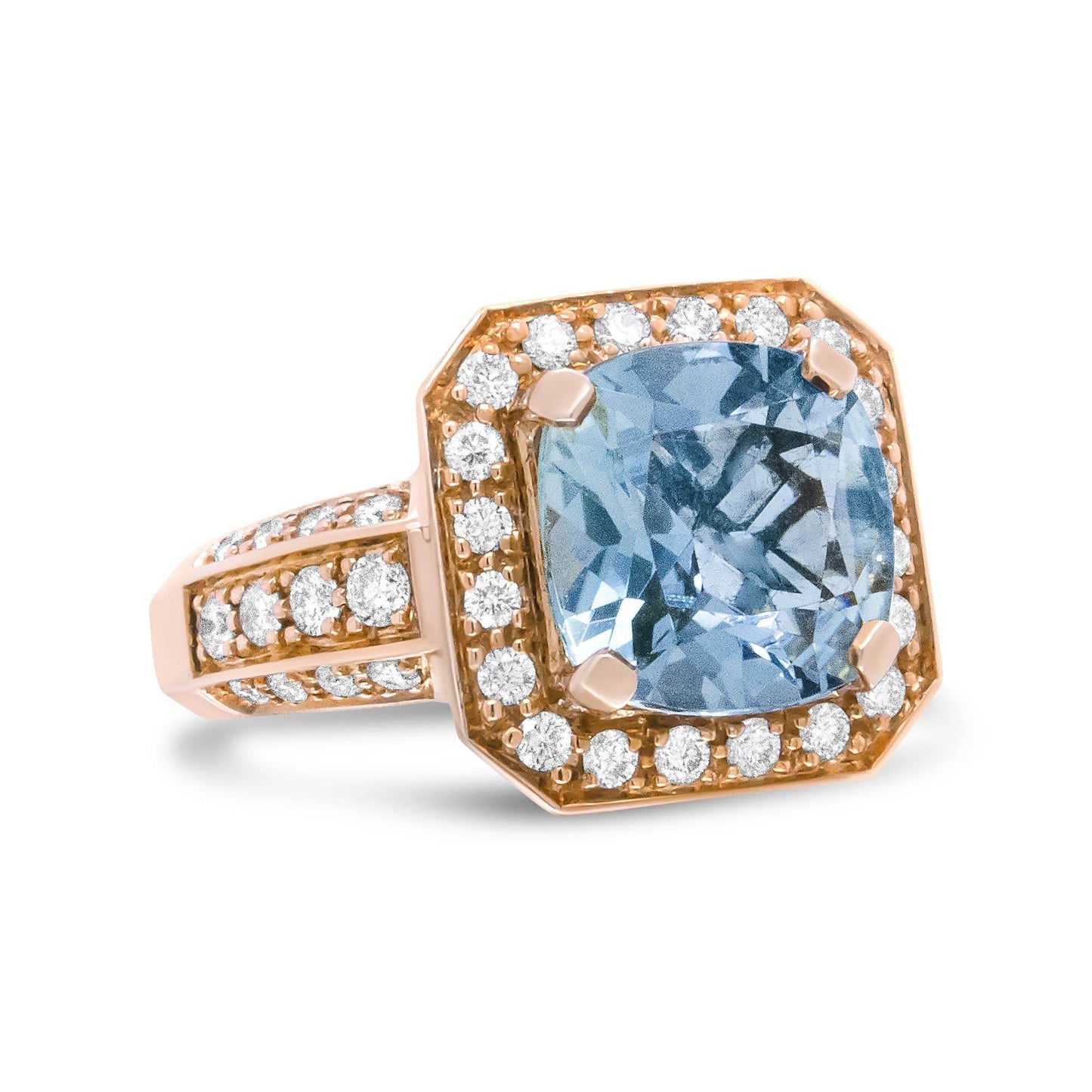18K Rose Gold 10x10mm Cushion Shaped Aquamarine and 1 1/8 Cttw Round Diamond Halo Ring (F-G Color, VS1-VS2 Clarity) - Bijoux-NYC Direct
