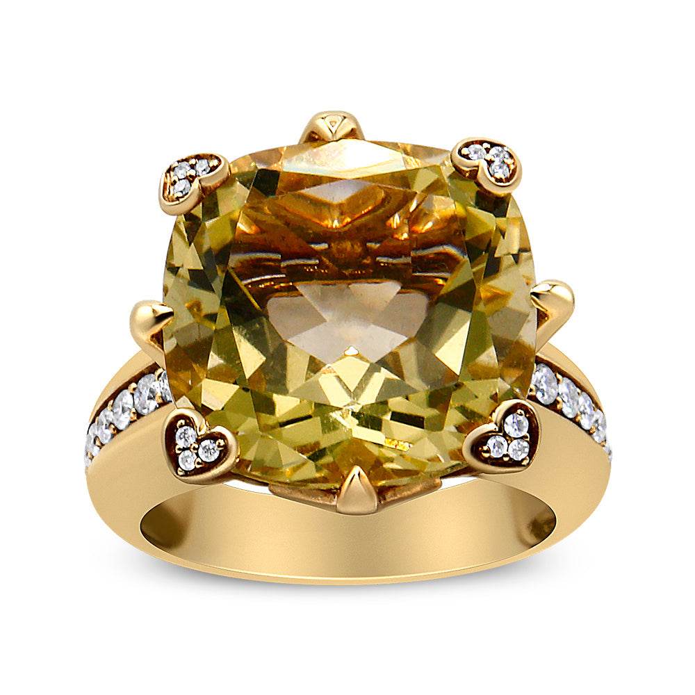 18K Yellow Gold 15x15mm Cushion Cut Lemon Quartz and 1/4 Cttw Diamond Accented Cocktail Ring (F-G Color, VS1-VS2 Clarity) - Bijoux-NYC Direct