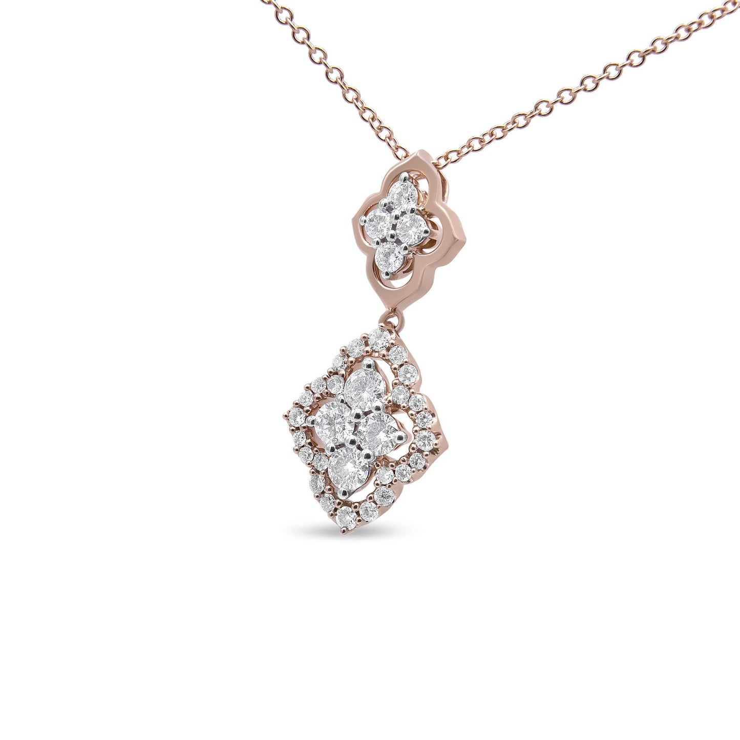 14K Rose Gold 3/4 Cttw Round Diamond Double Quatrefoil Pendant 18" Necklace (H-I Color, I1-I2 Clarity) - Bijoux-NYC Direct