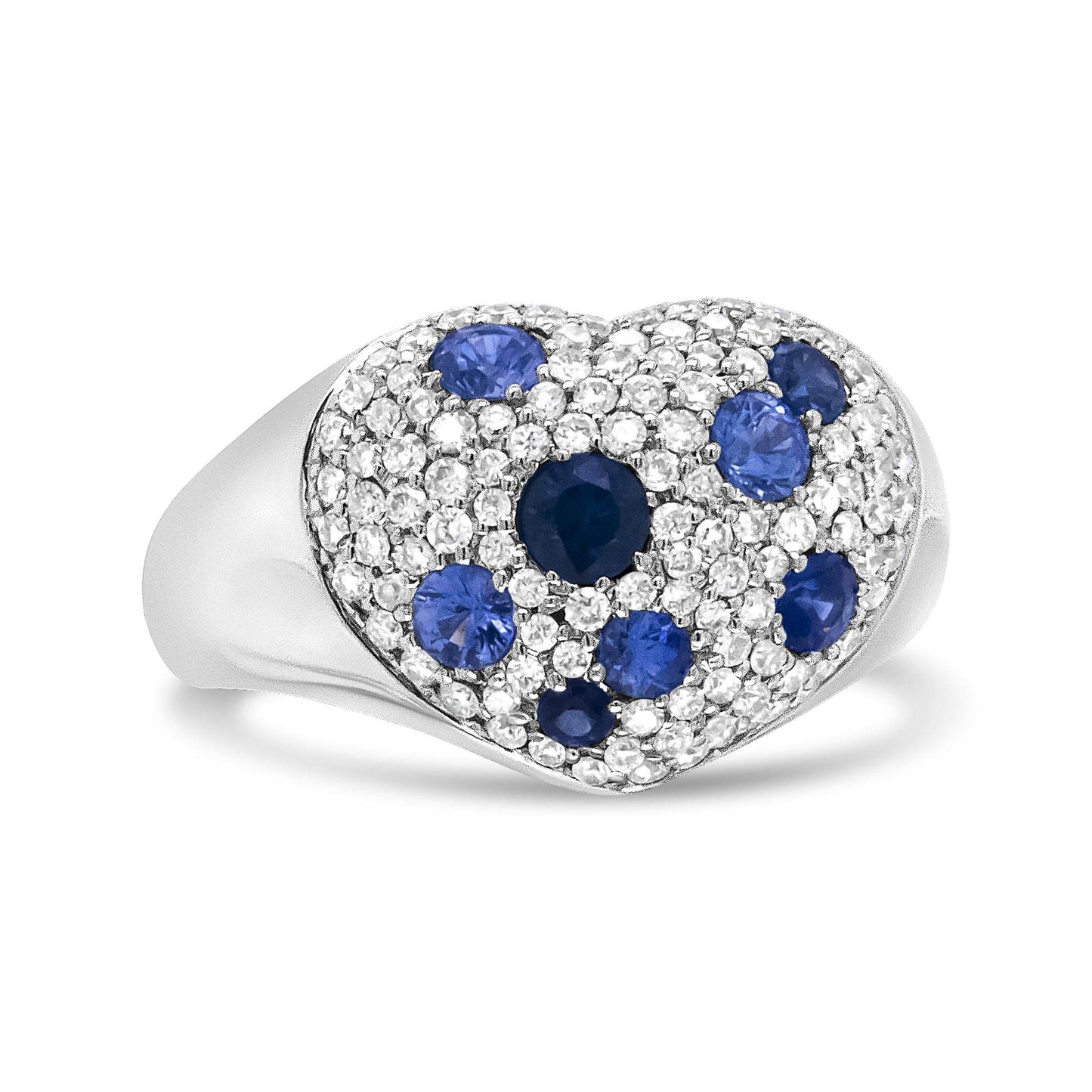 18K White Gold Blue Sapphire and 5/8 Cttw Diamond Cluster Heart Shaped Ring (F-G Color, VS1-VS2 Clarity) - Bijoux-NYC Direct