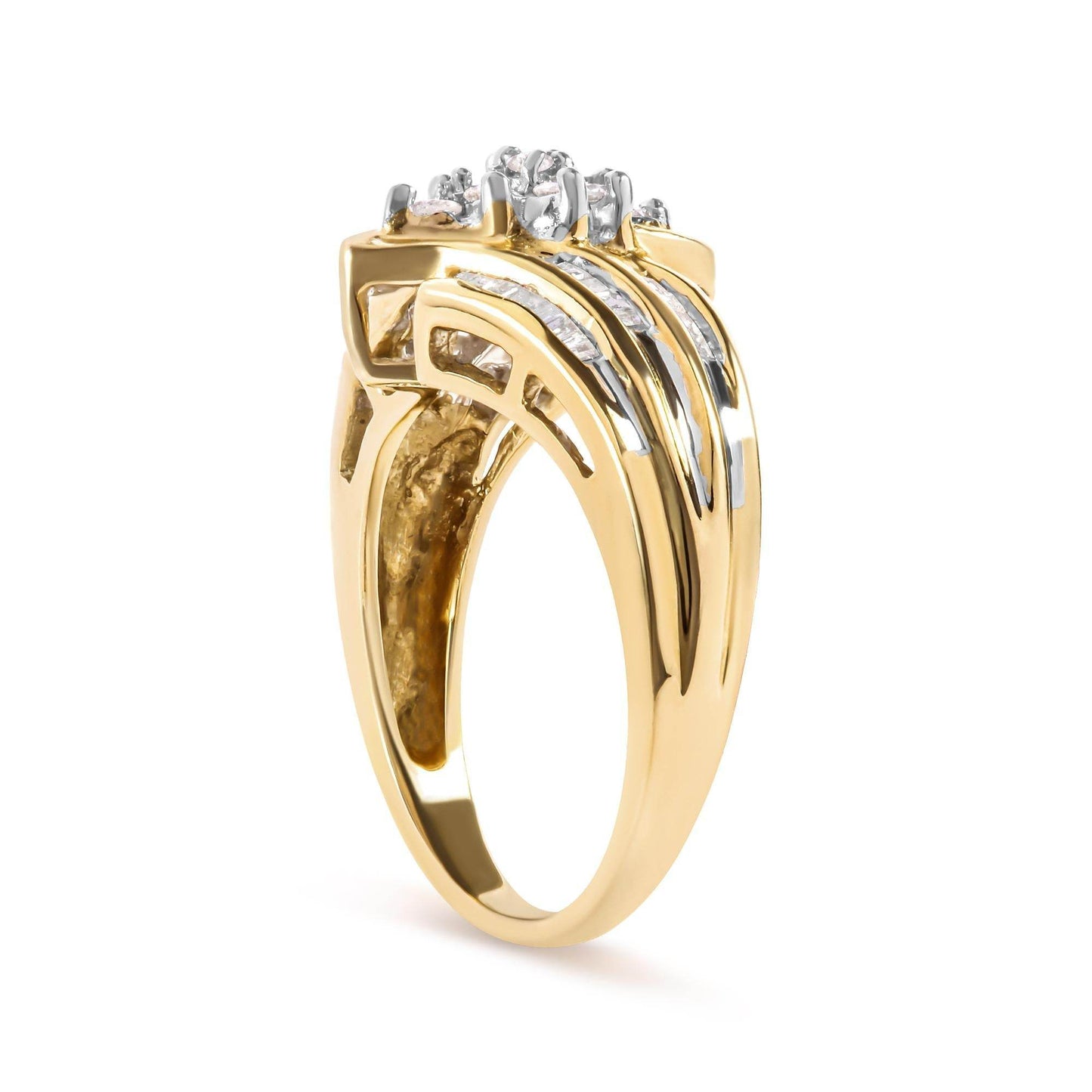 10K Yellow Gold 1/2 Cttw Round And Baguette-cut Diamond Cluster Head and Channel Set Shank Ring (H-I Color, I1-I2 Clarity) - Bijoux-NYC Direct