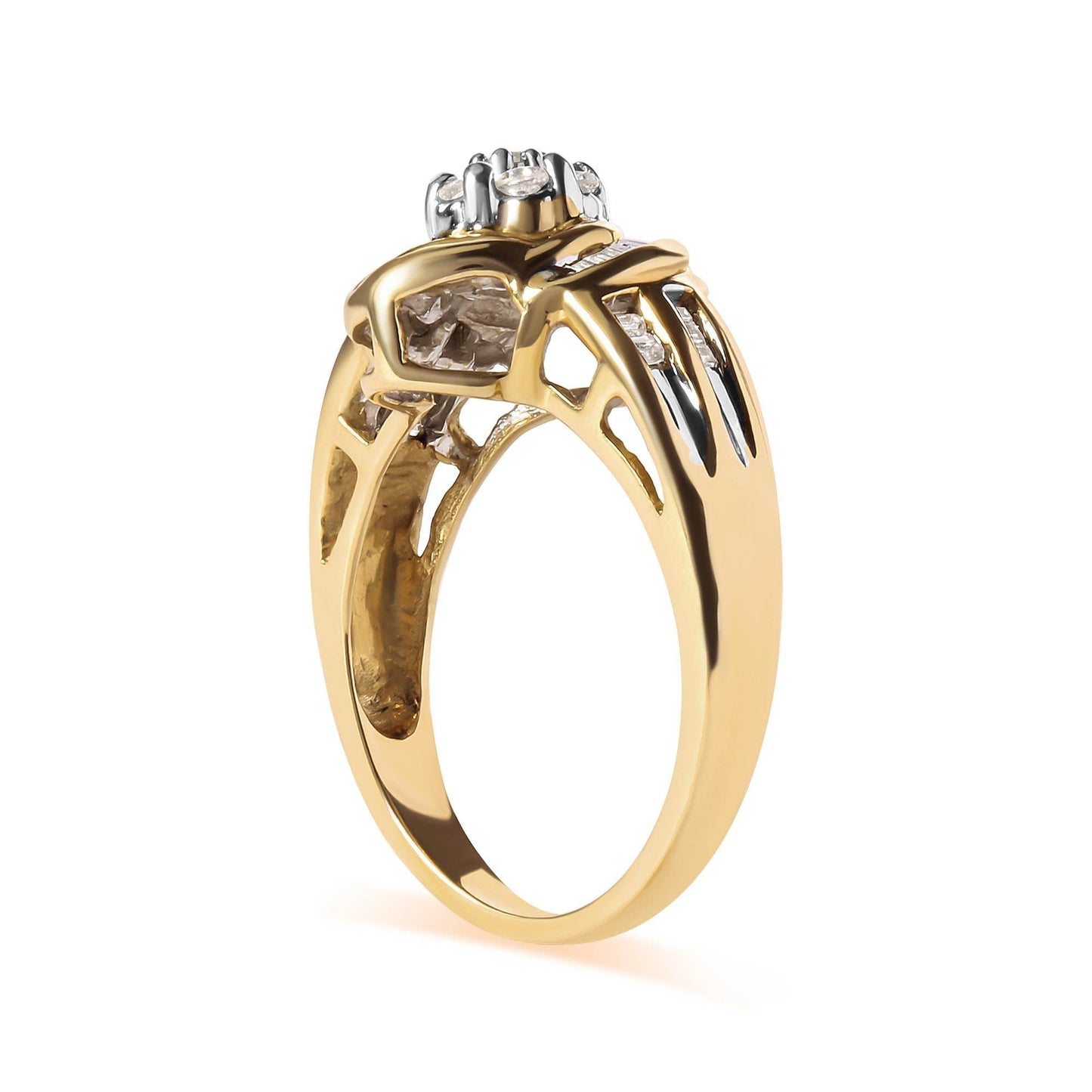 10K Yellow Gold 1/2 Cttw Round and Baguette Diamond Flower Swirl Cocktail Ring (I-J Color, SI2-I1 Clarity) - Bijoux-NYC Direct