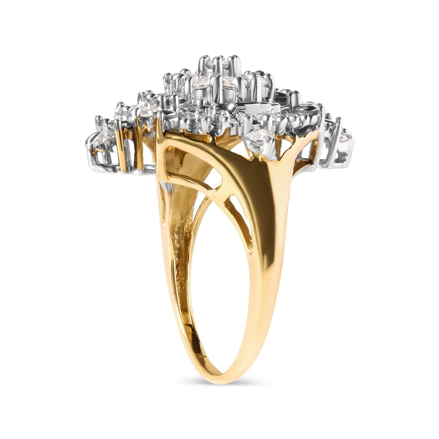 10K Yellow Gold 1 Cttw Round and Baguette cut Diamond Cluster and Rhombus Halo Ring (H-I Color, I1-I2 Clarity) - Bijoux-NYC Direct