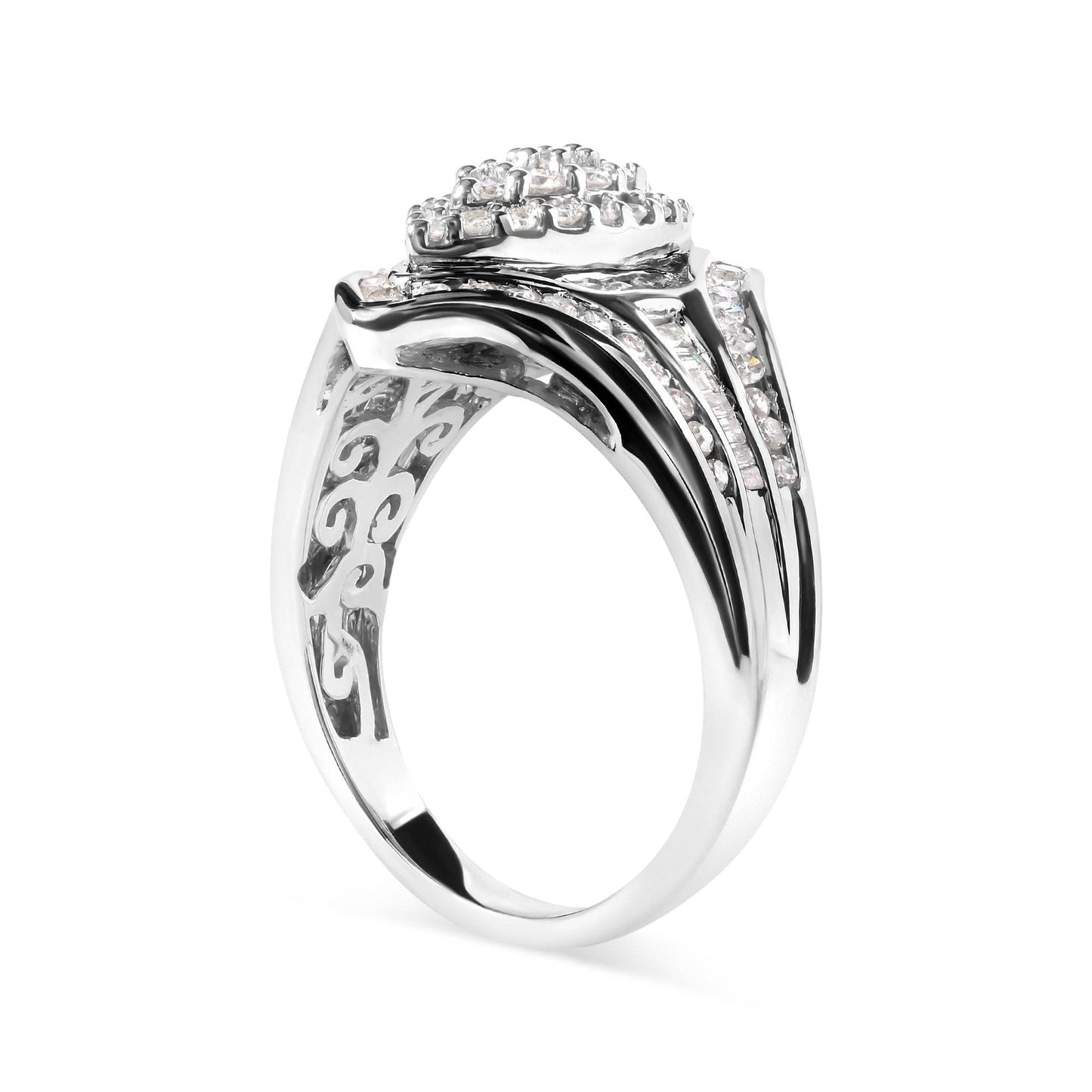 14K White Gold 3/4 Cttw Round and Baguette cut Diamond Cluster Ring (H-I Color, I1-I2 Clarity) - Bijoux-NYC Direct