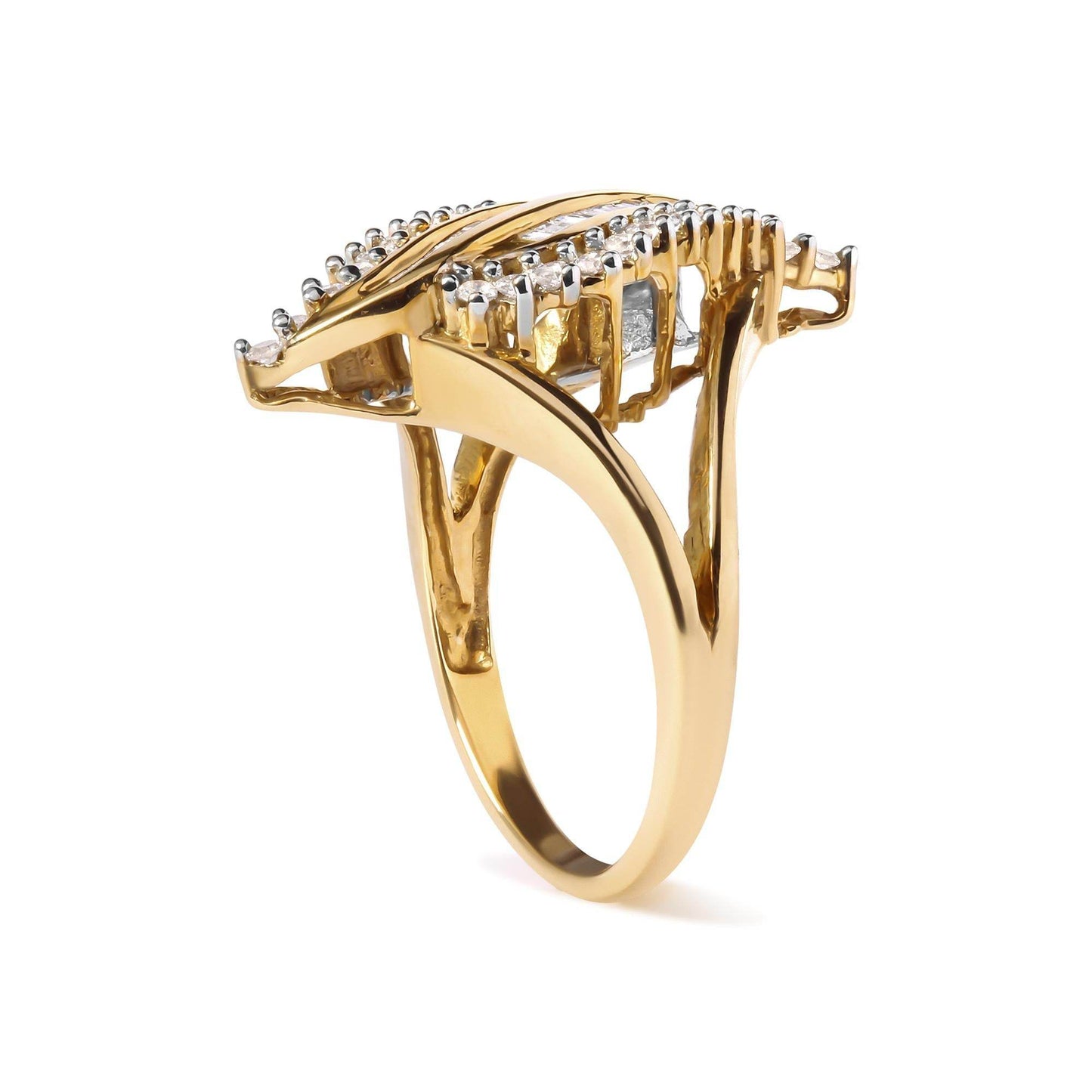 10K Yellow Gold 1/2 Cttw Round and Baguette Cut Diamond Cocktail Ring (H-I Color, I1-I2 Clarity) - Bijoux-NYC Direct