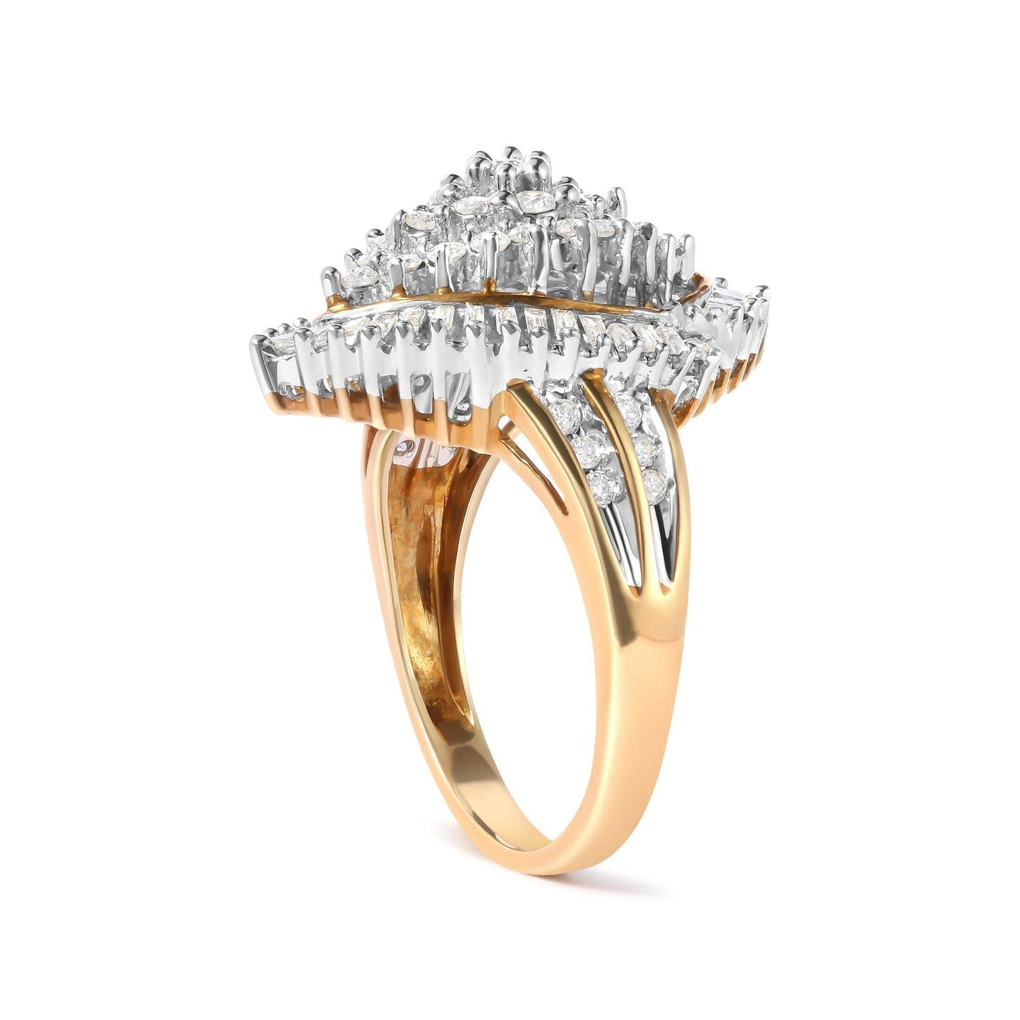10K Yellow Gold 1.0 Cttw Round and Baguette-Cut Diamond Cluster Ring (I-J Color, SI2-I1 Clarity) - Bijoux-NYC Direct