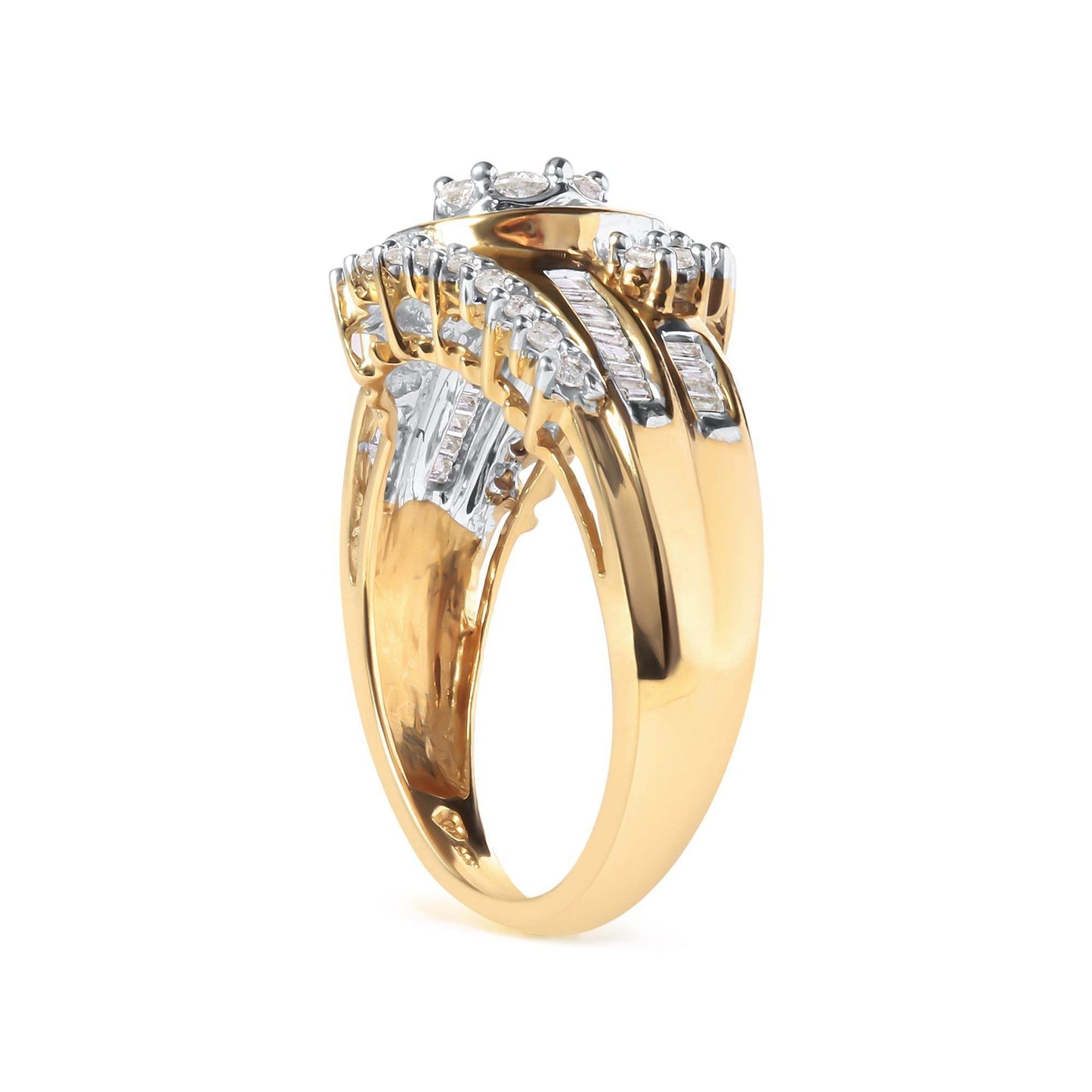 10K Yellow Gold 1 Cttw Round and Baguette cut Diamond Cluster Swirl Band Ring (H-I Color, I1-I2 Clarity) - Bijoux-NYC Direct