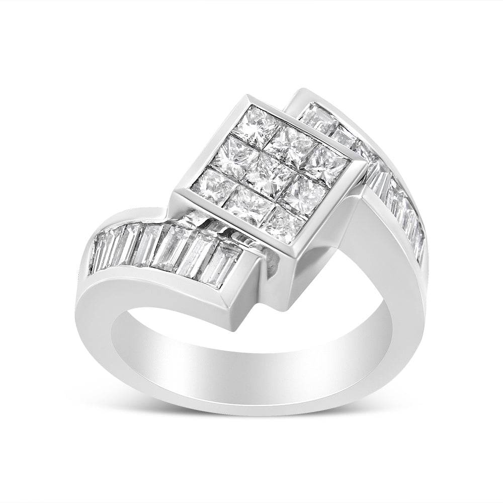 14K White Gold 2 1/5 Cttw Invisible-Set Princess and Channel-Set Baguette Diamond Bypass Kite-Set Ring (G-H Color, VS2-SI1 Clarity) - Bijoux-NYC Direct