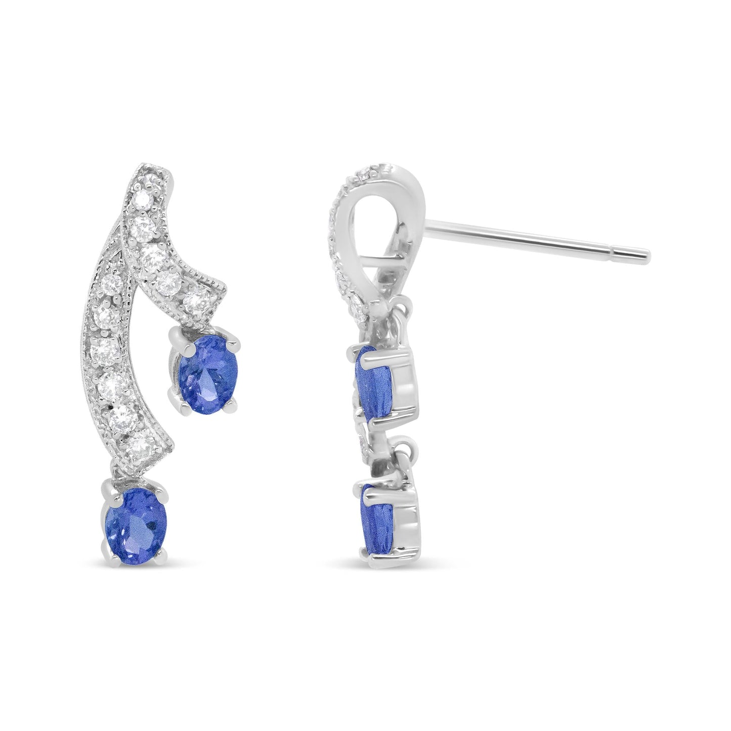 14K White Gold 4x3MM Oval Shaped Natural Blue Tanzanite Gemstone and 1/5 Cttw Diamond Double 3/4" Inch Drop Stud Earrings (H-I Color, VS1-VS2 Clarity) - Bijoux-NYC Direct