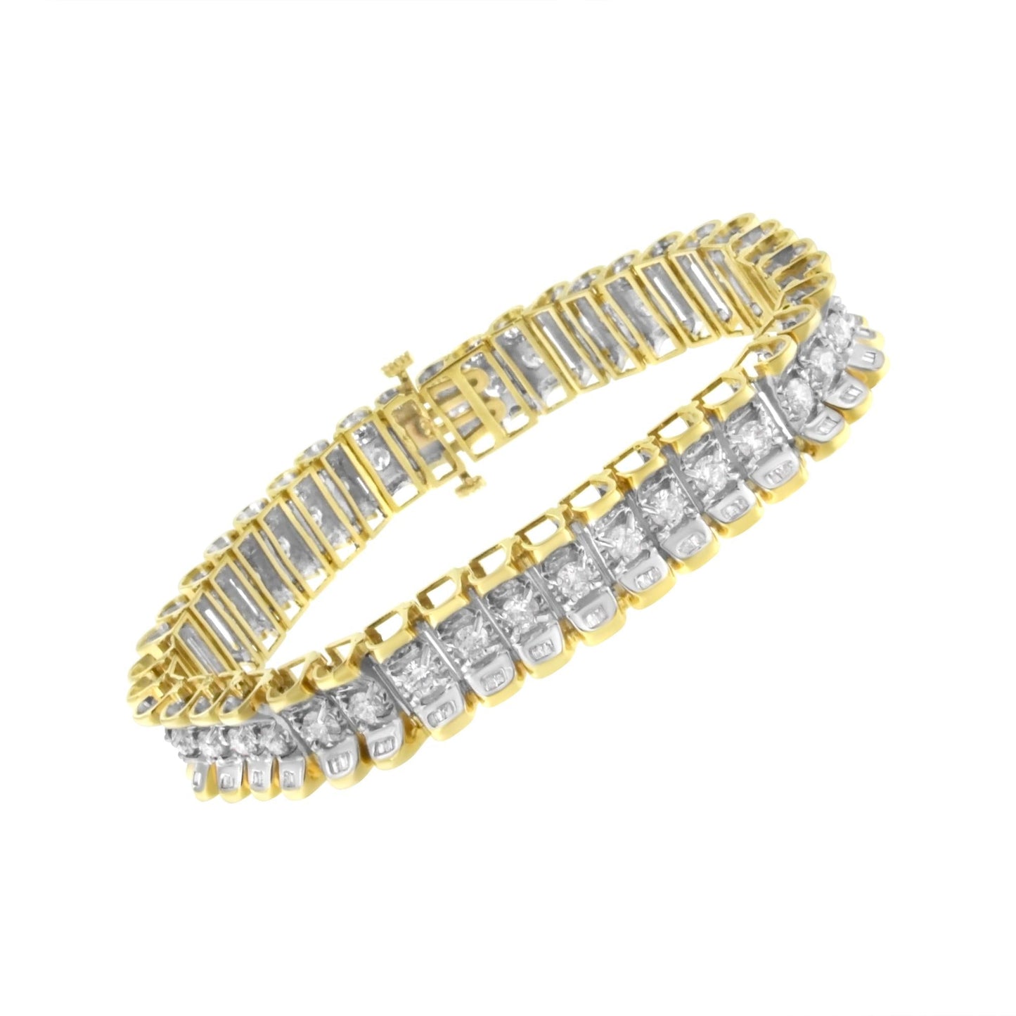 14K Yellow and White Gold 5.0 Cttw Round & Baguette Cut Diamond 7" Reflective Tennis Bracelet (H-I Color, I1-I2 Clarity) - Bijoux-NYC Direct