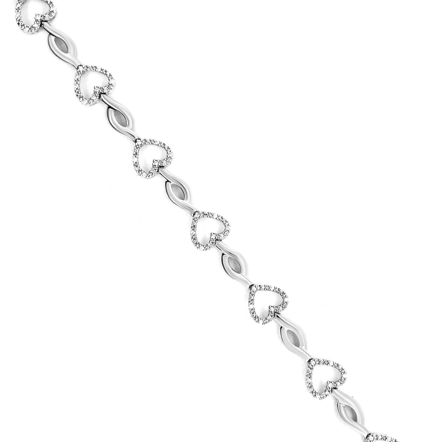 .925 Sterling Silver 1/4 Cttw Round-Cut Diamond Alternating Heart and Leaf Link Bracelet (I-J Color, I3 Clarity) - Size 7.25" - Bijoux-NYC Direct