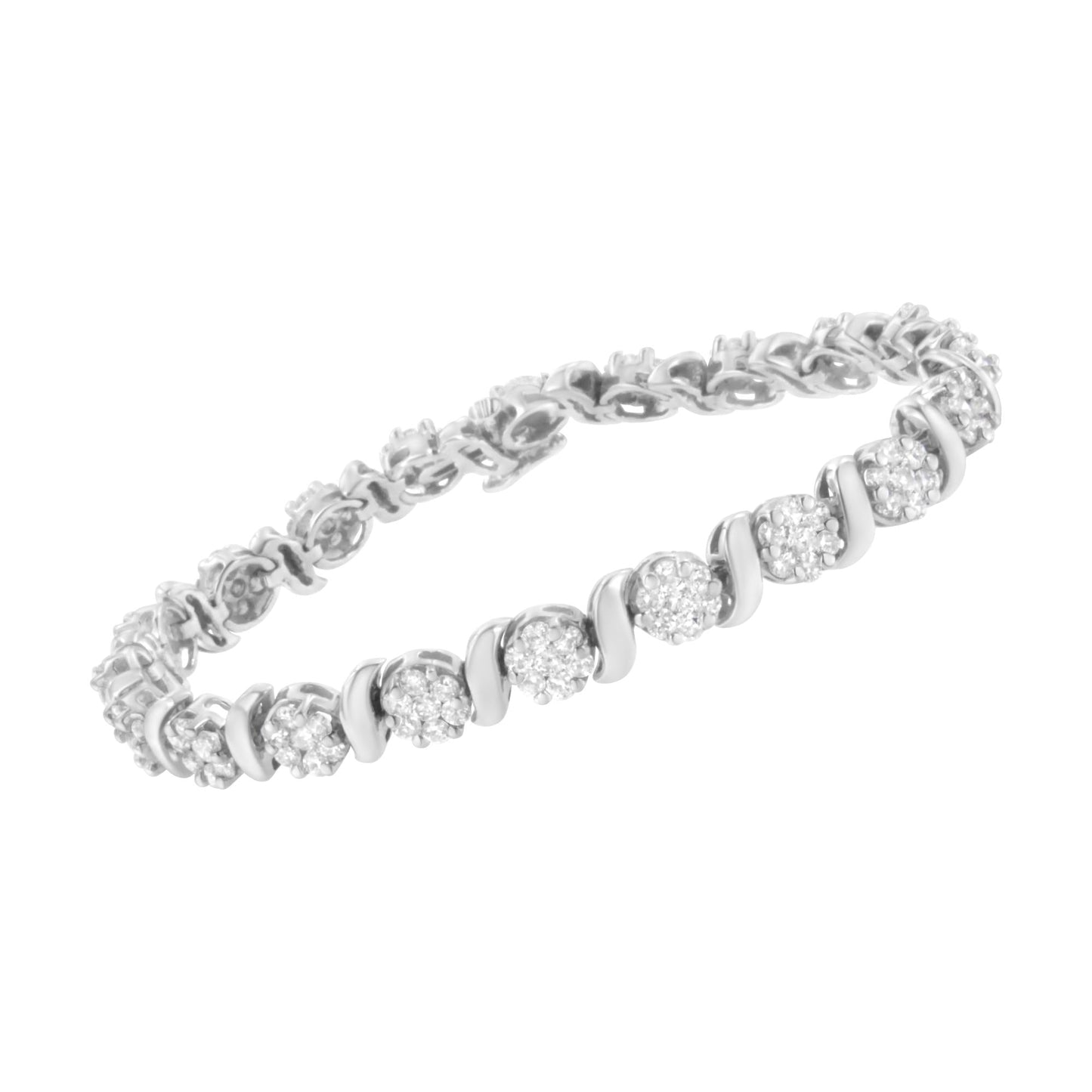 14K White Gold 5 1/4 cttw Diamond S-Link Floral Cluster Tennis Bracelet (I-J Clarity, SI2-I1 Color) - Size 7" - Bijoux-NYC Direct