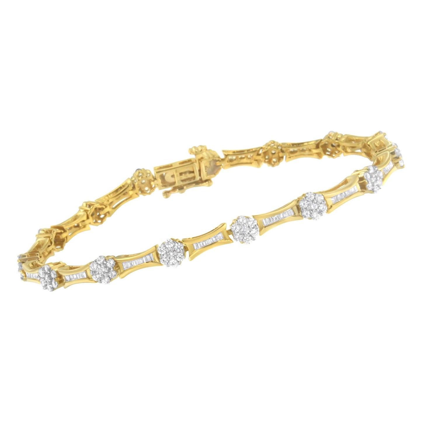 10K Yellow and White Gold 2.00 cttw Round and Baguette-Cut Diamond Link Bracelet (I-J Color, I2-I3 Clarity) - Size 7.25" - Bijoux-NYC Direct