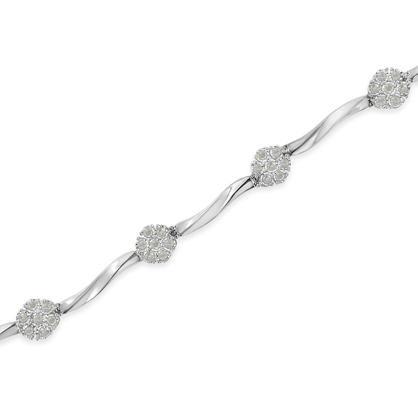 .925 Sterling Silver 1.0 Cttw Diamond Cluster Miracle-Set Station & Twisted Bar 7" Tennis Bracelet (H-I Color, I1-I2 Clarity) - Bijoux-NYC Direct