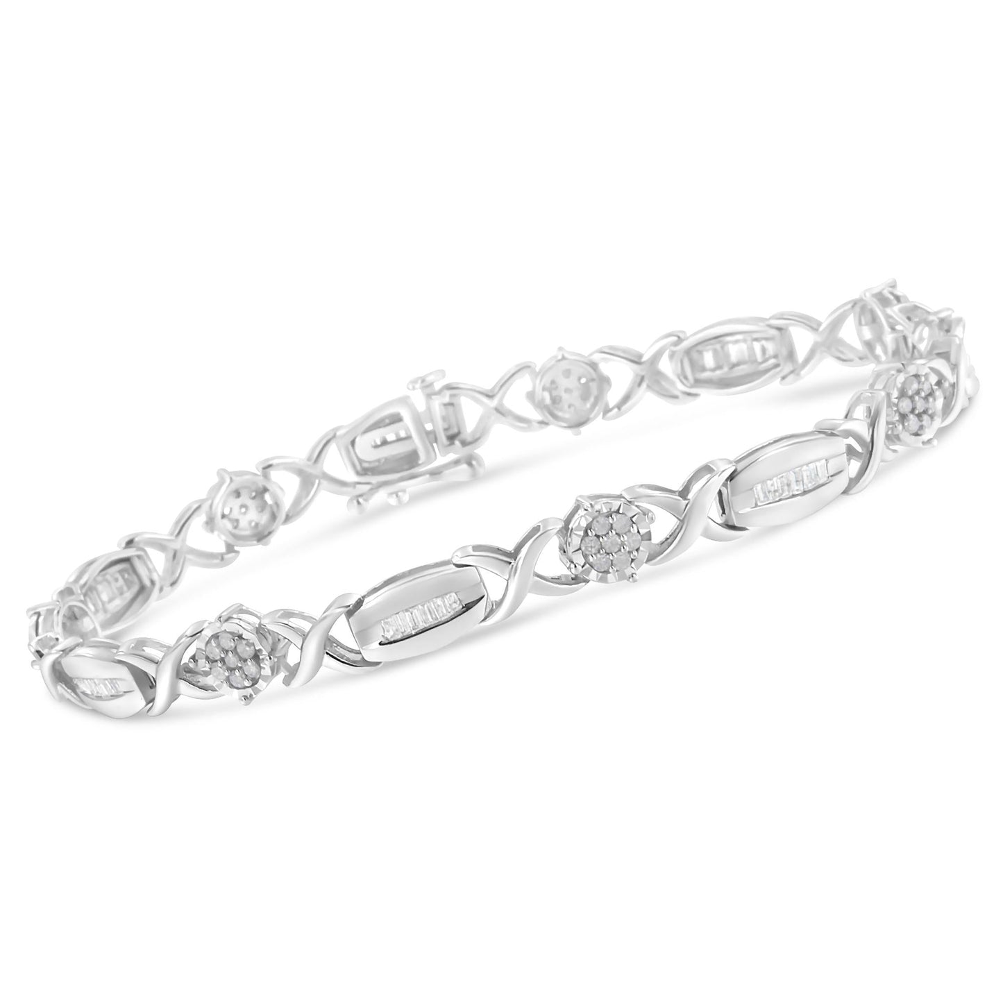 .925 Sterling Silver 1.0 Cttw Round-Cut and Baguette-Cut Diamond X-Link Bracelet (I-J Color, I1-I2 Clarity) - 7" - Bijoux-NYC Direct