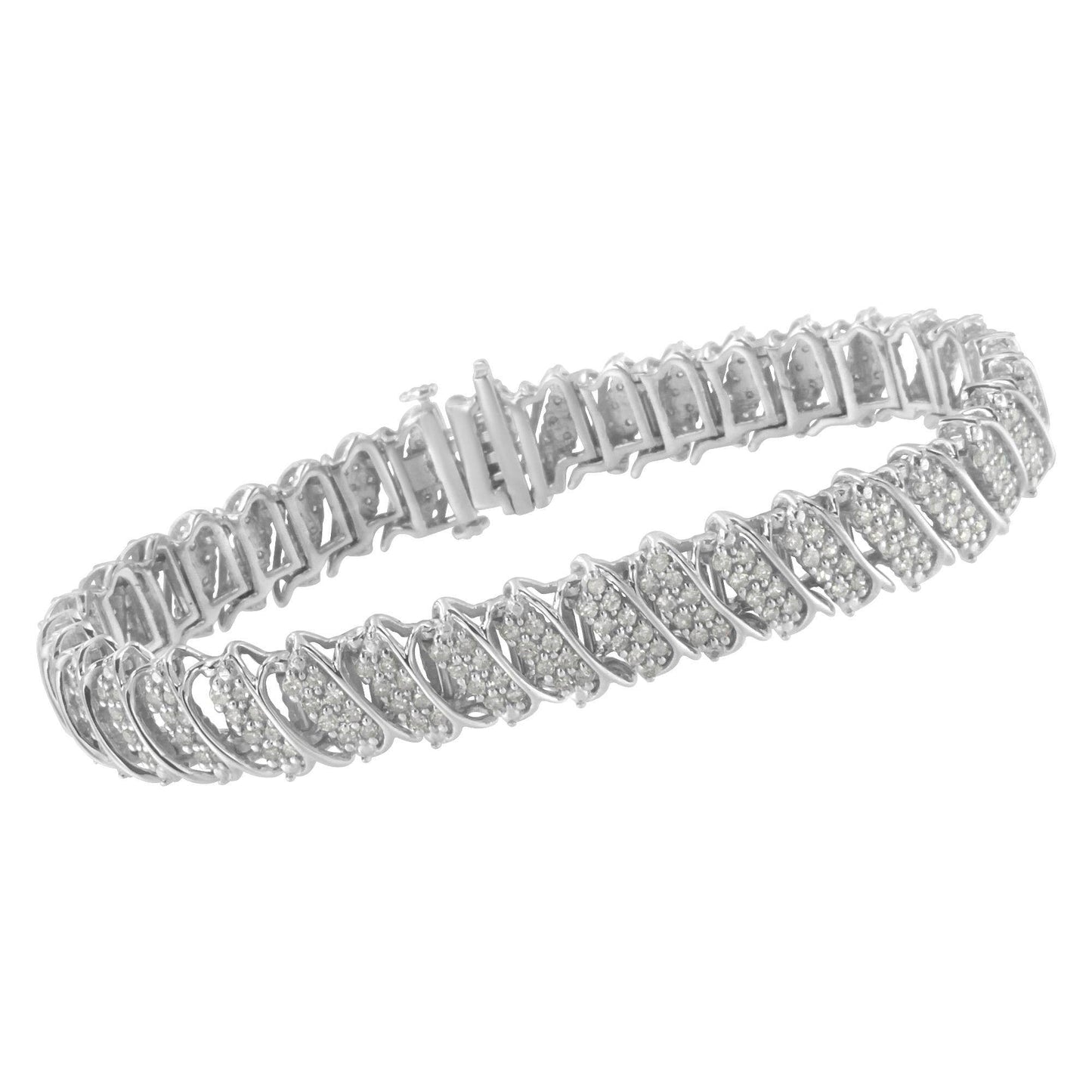 .925 Sterling Silver 3.0 Cttw Diamond Multi Row Cluster Slanted Wave Link 7-¼” Tennis Bracelet (I-J Color, I2-I3 Clarity) - Bijoux-NYC Direct