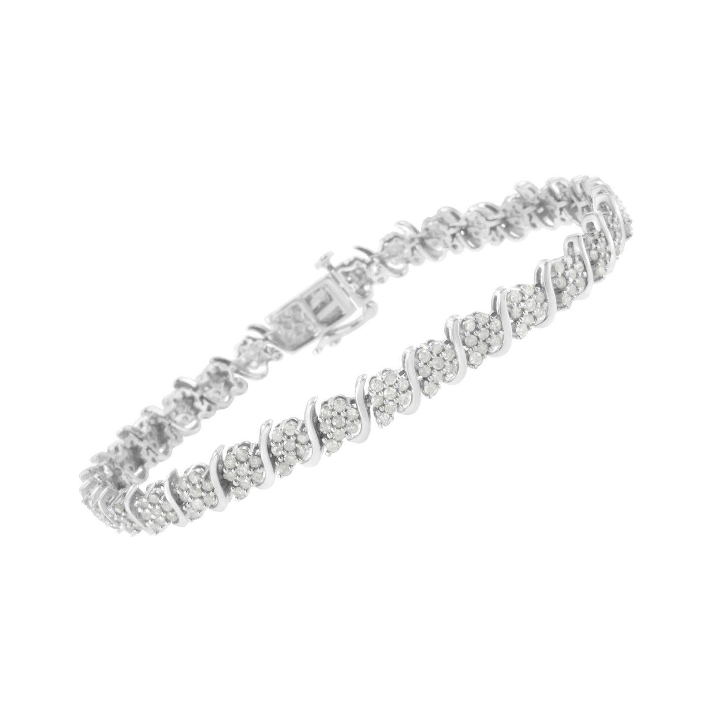 .925 Sterling Silver Diamond Floral Cluster Link Bracelet (2 3/4 cttw, I-J Color, I3 Clarity) - Size 7.25" - Bijoux-NYC Direct