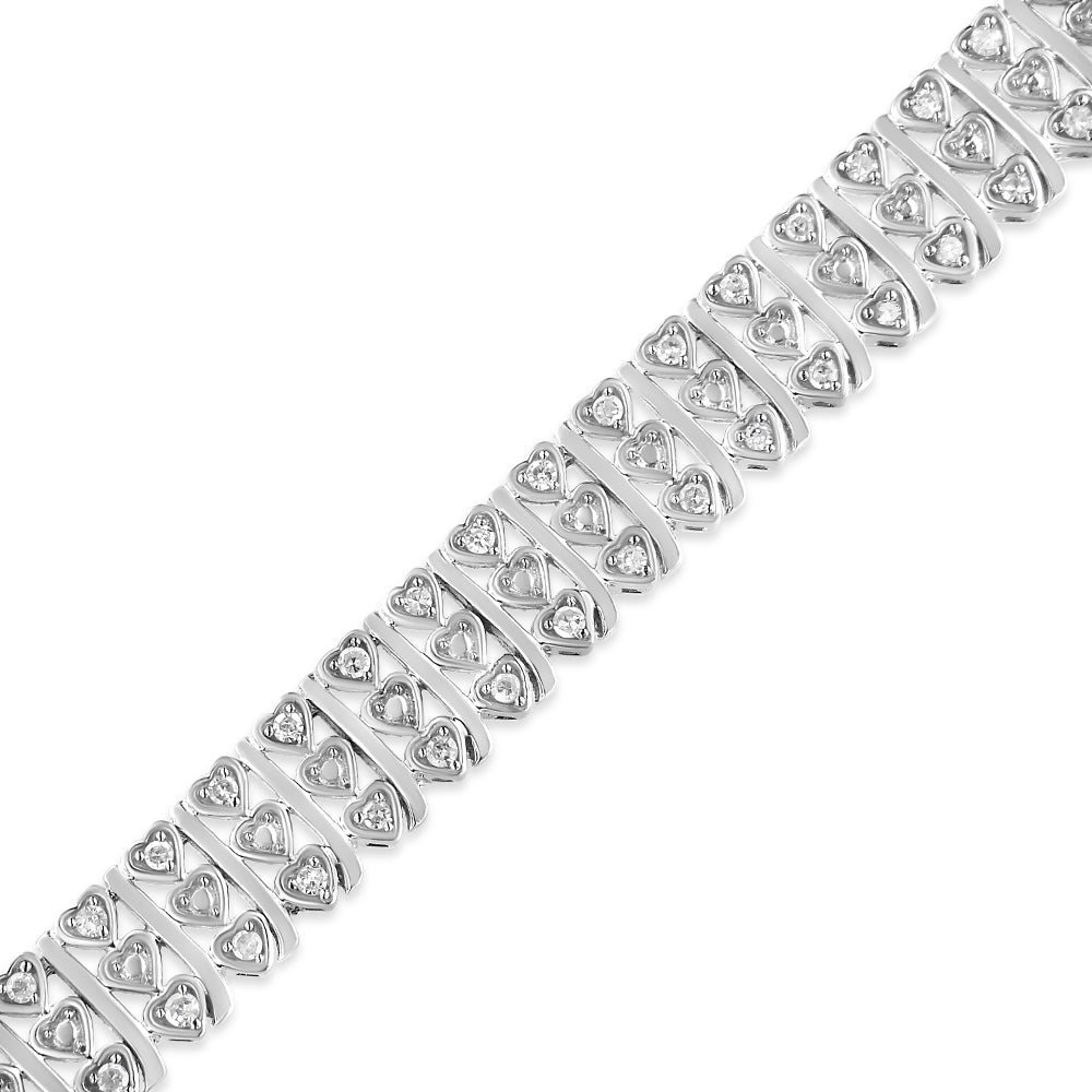 .925 Sterling Silver 1.00 Cttw Diamond Multi Row Heart Link Bracelet (H-I Color, I1-I2 Clarity) - 7.25" Inches - Bijoux-NYC Direct