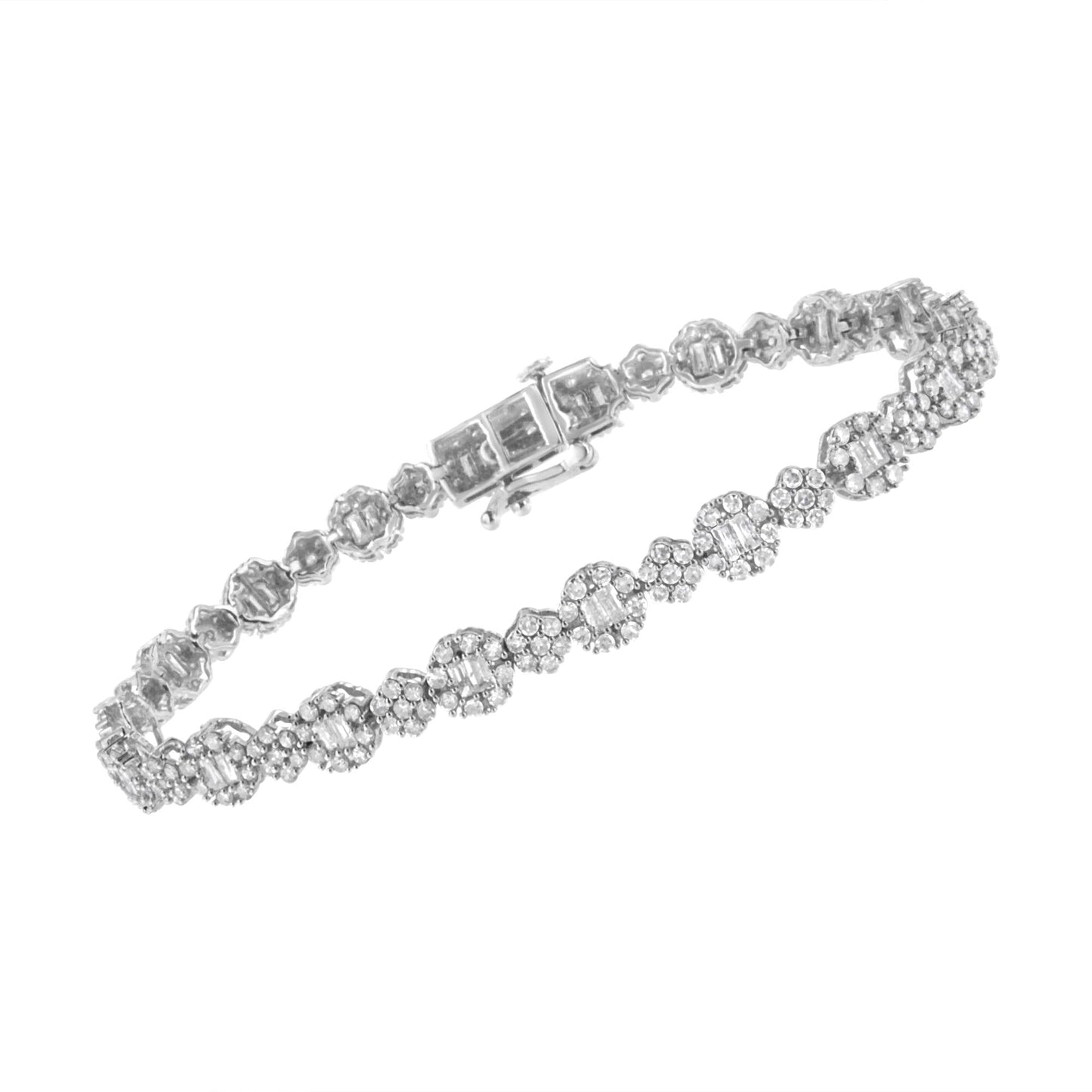 10K White Gold 4.0 cttw Brilliant Round-cut and Baguette Diamond Floral Cluster Link Bracelet (I-J Clarity, I1-I2 Color) - Size 7" - Bijoux-NYC Direct