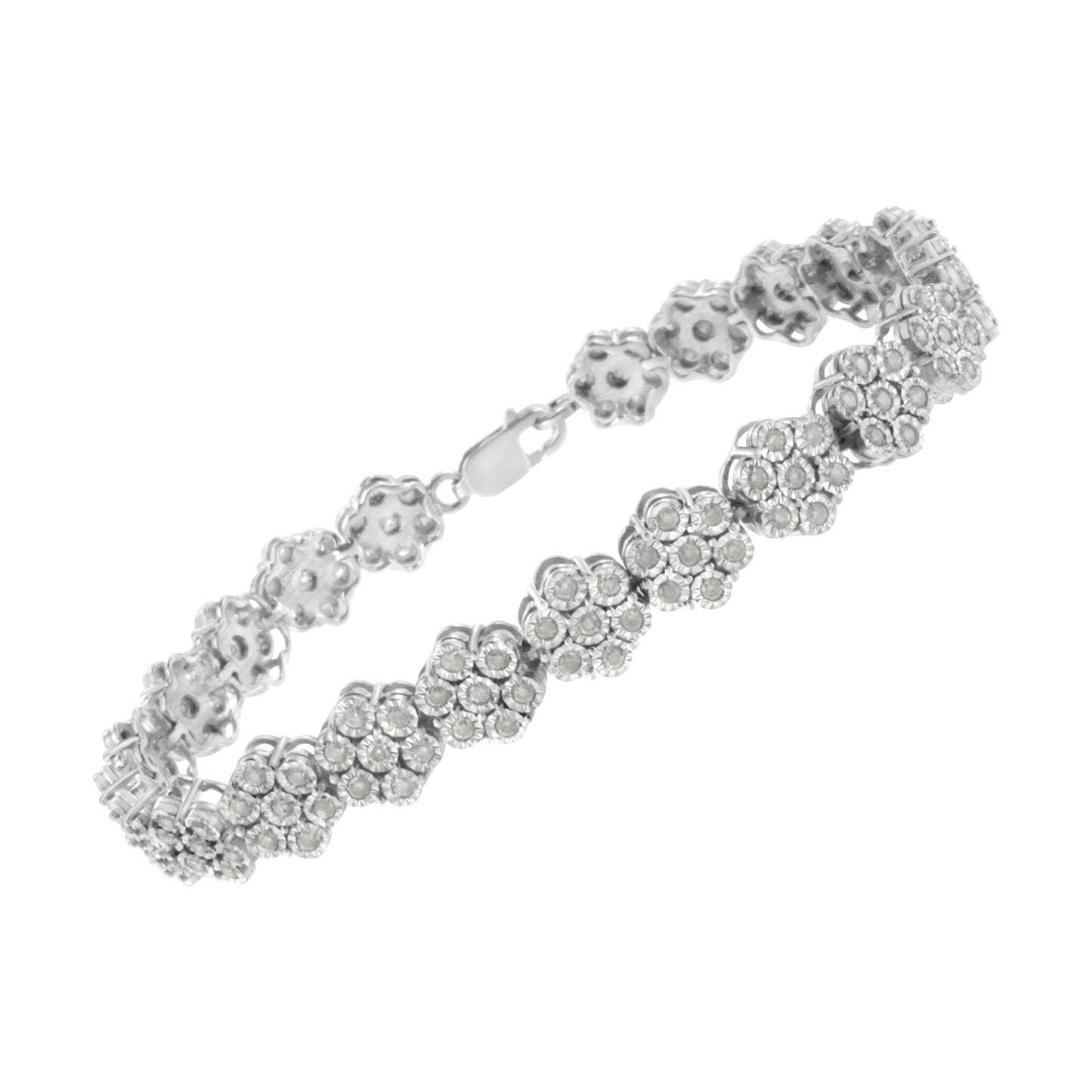 .925 Sterling Silver 2.0 cttw Diamond 7 Stone Floral Cluster Link Bracelet (I-J Color, I3 Clarity) -7.25" - Bijoux-NYC Direct