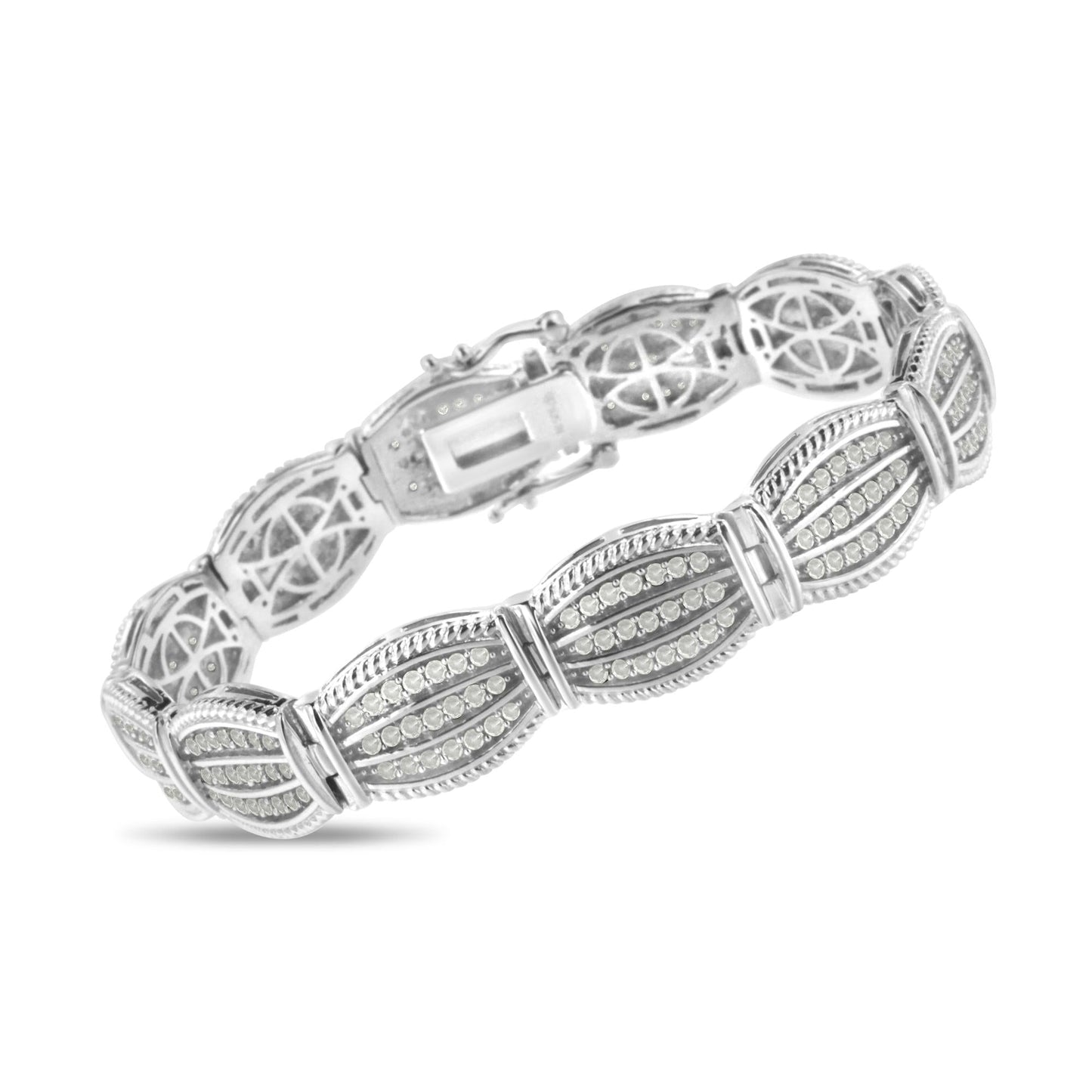 .925 Sterling Silver 3 cttw Diamond Art-Deco Style Link Bracelet (I-J, I2-I3) - Size 7.25" - Bijoux-NYC Direct