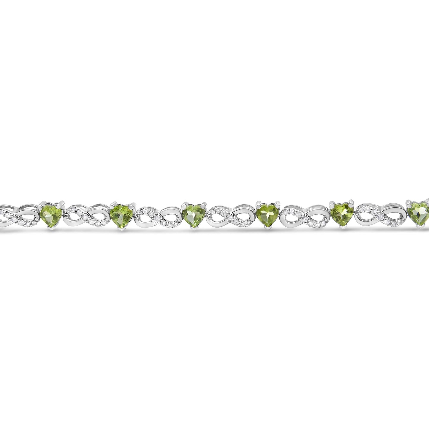 .925 Sterling Silver 1.00 Cttw Diamond and 4.00mm Lab Created Green Heart-Shaped Peridot Infinity Link Bracelet (I-J Color, I2-I3 Clarity) - 7.25" - Bijoux-NYC Direct