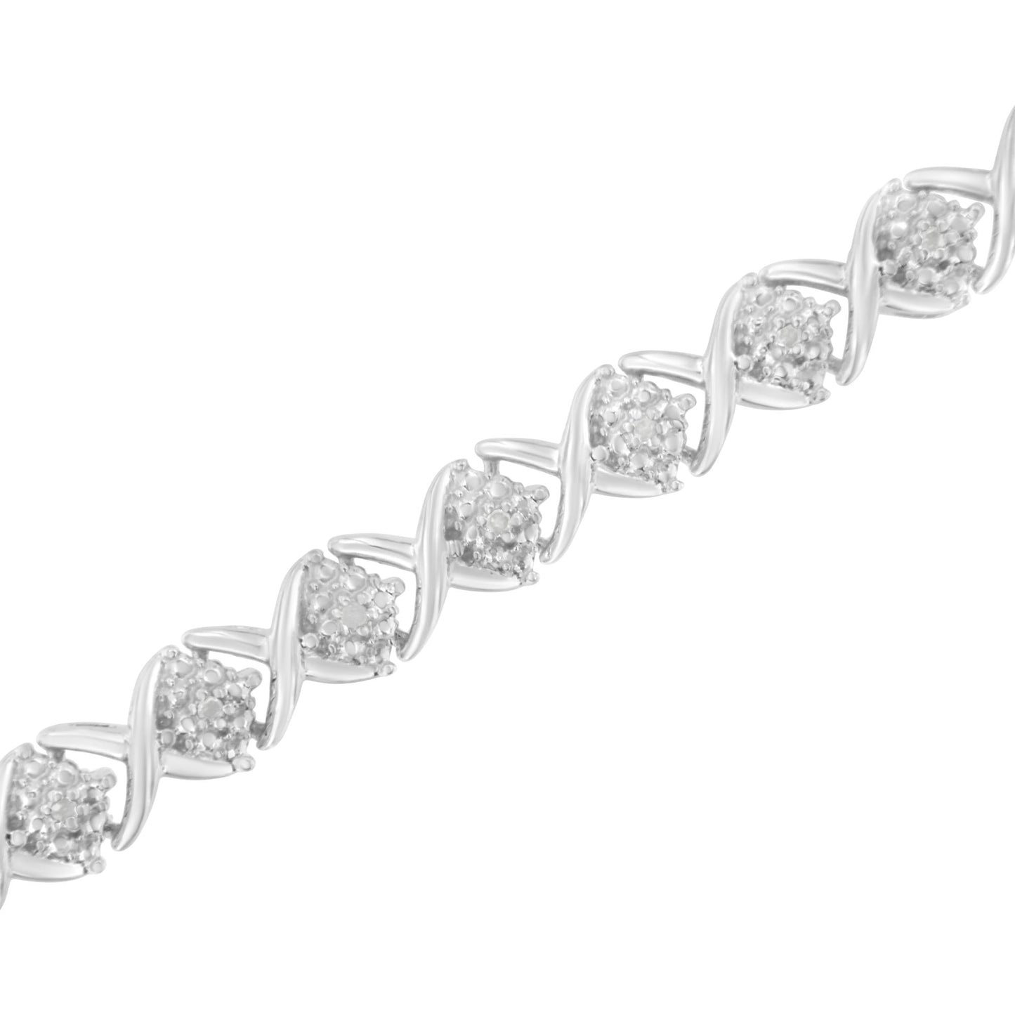 .925 Sterling Silver Round-Cut Diamond Accent Floral Cluster and "X" Link Bracelet (I-J Color, I3 Clarity) - 7.25" - Bijoux-NYC Direct