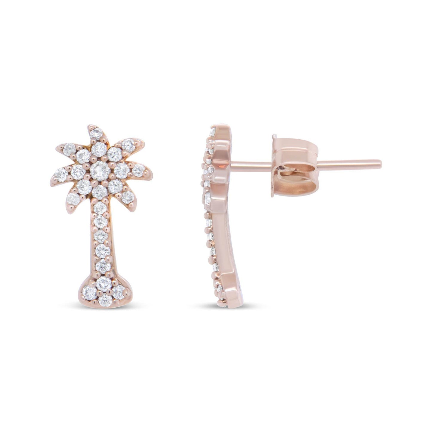 10K Rose Gold 1/4 Cttw Diamond Palm Tree Push Back Stud Earrings (H-I Color, I1-I2 Clarity) - Bijoux-NYC Direct