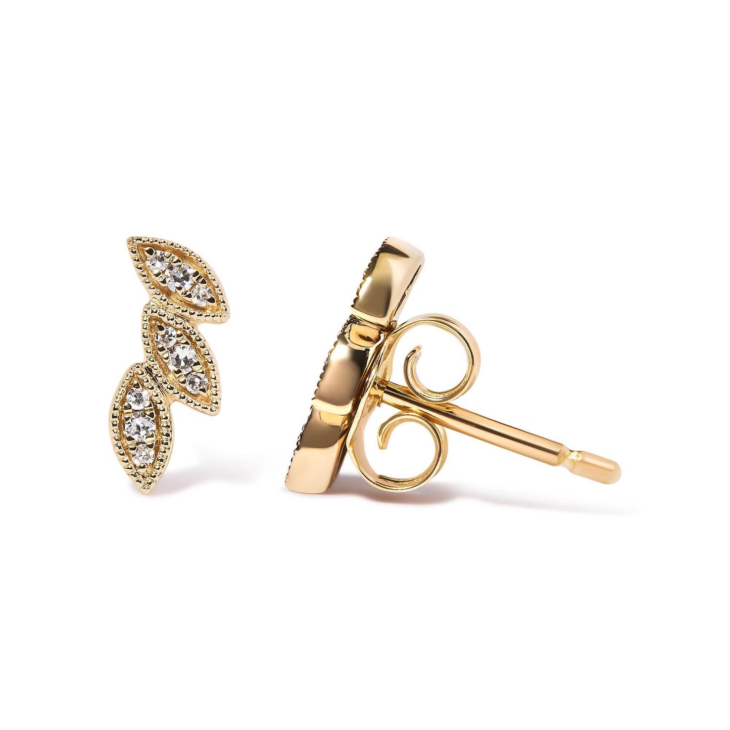 10K Yellow Gold 1/10 Cttw Diamond Triple Leaf Stud Earring (H-I Color, I1-I2 Clarity) - Bijoux-NYC Direct