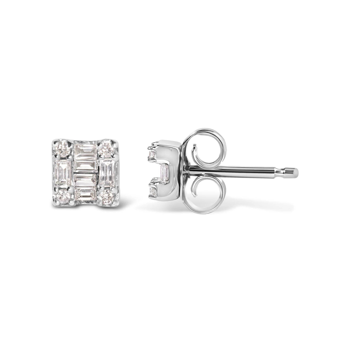 10K White Gold 1/7 Cttw Round and Baguette Diamond Mosaic Square Stud Earrings (H-I Color, I1-I2 Clarity) - Bijoux-NYC Direct
