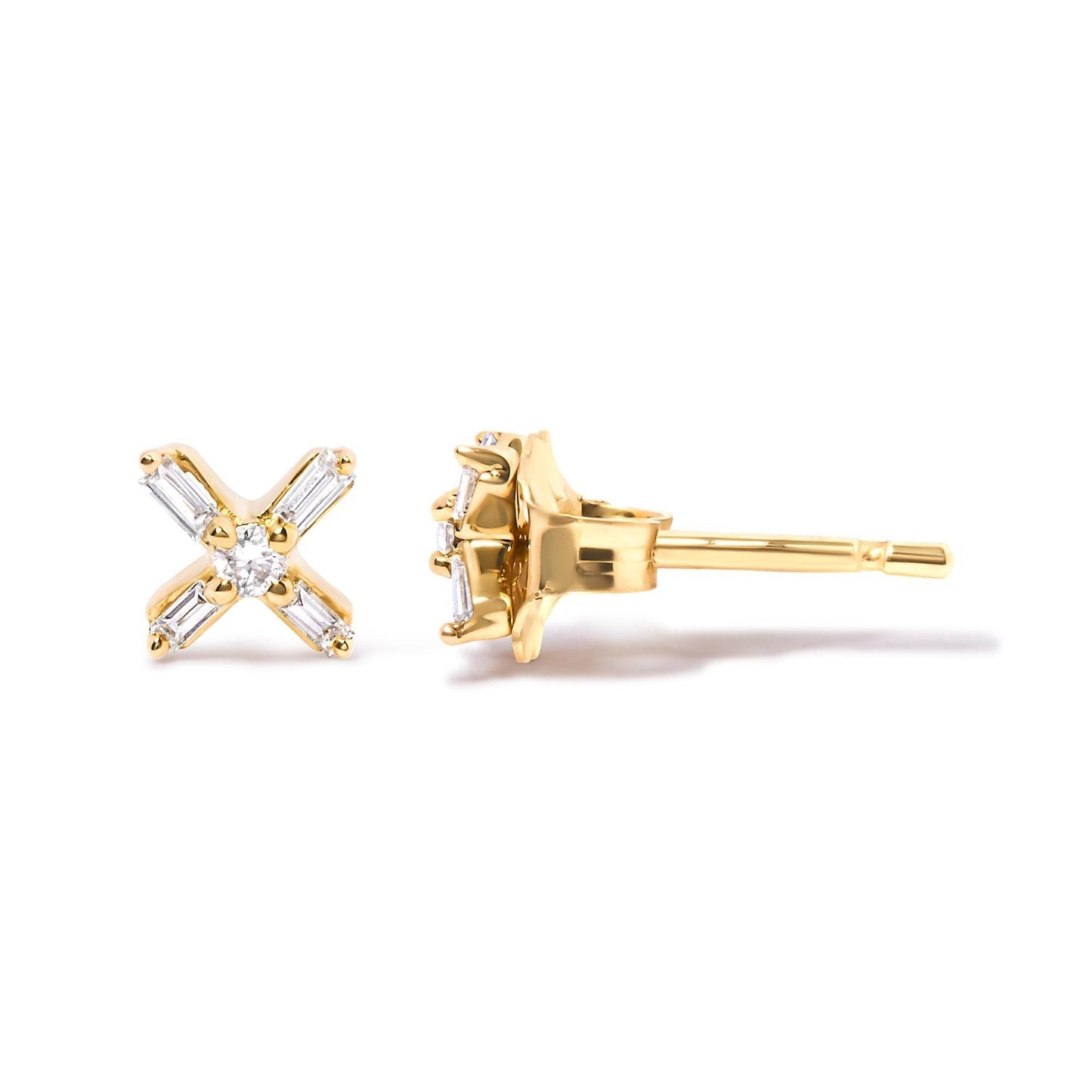 10K Yellow Gold 1/10 Cttw Round and Baguette Diamond Criss Cross X Stud Earring (H-I Color, I1-I2 Clarity) - Bijoux-NYC Direct