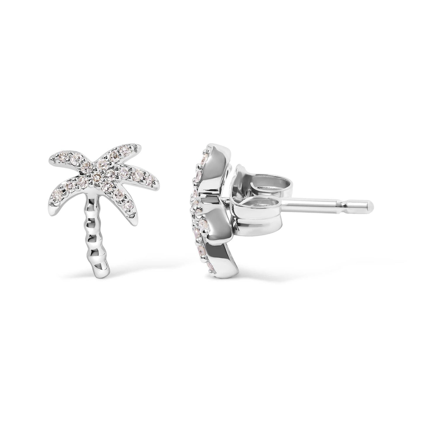 10K White Gold 1/10 Cttw Diamond Encrusted Palm Tree Stud Earrings (H-I Color, I1-I2 Clarity) - Bijoux-NYC Direct