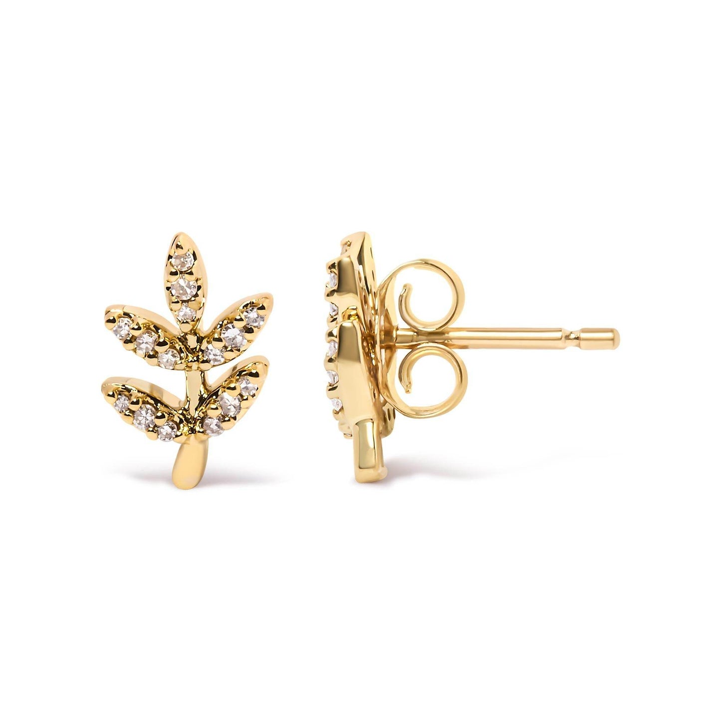 10K Yellow Gold 1/10 Cttw Diamond Accented Leaf and Branch Stud Earrings (H-I Color, I1-I2 Clarity) - Bijoux-NYC Direct