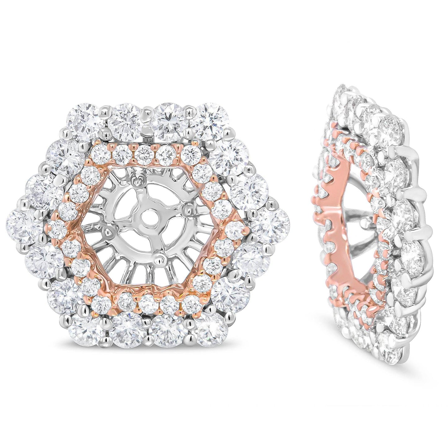 14K Rose and White Gold 1 7/8 Cttw Round Diamond Double Halo Earring Jacket for 6mm Round Studs (G-H Color, VS2-SI1 Clarity) - Bijoux-NYC Direct