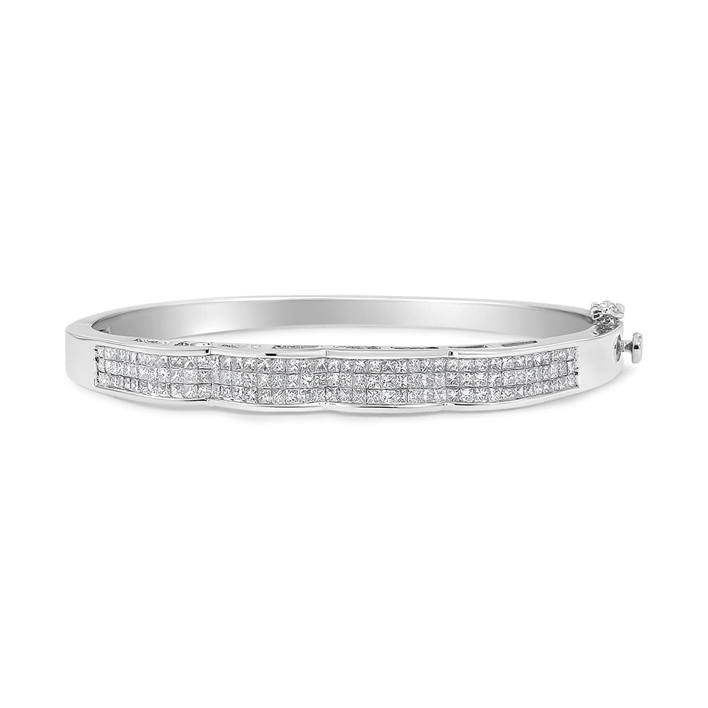 14K White Gold 3 1/3 Cttw Invisible Set Princess-Cut Diamond Wave Bangle Bracelet (H-I Color, SI1-SI2 Clarity) - Size 7" - Bijoux-NYC Direct