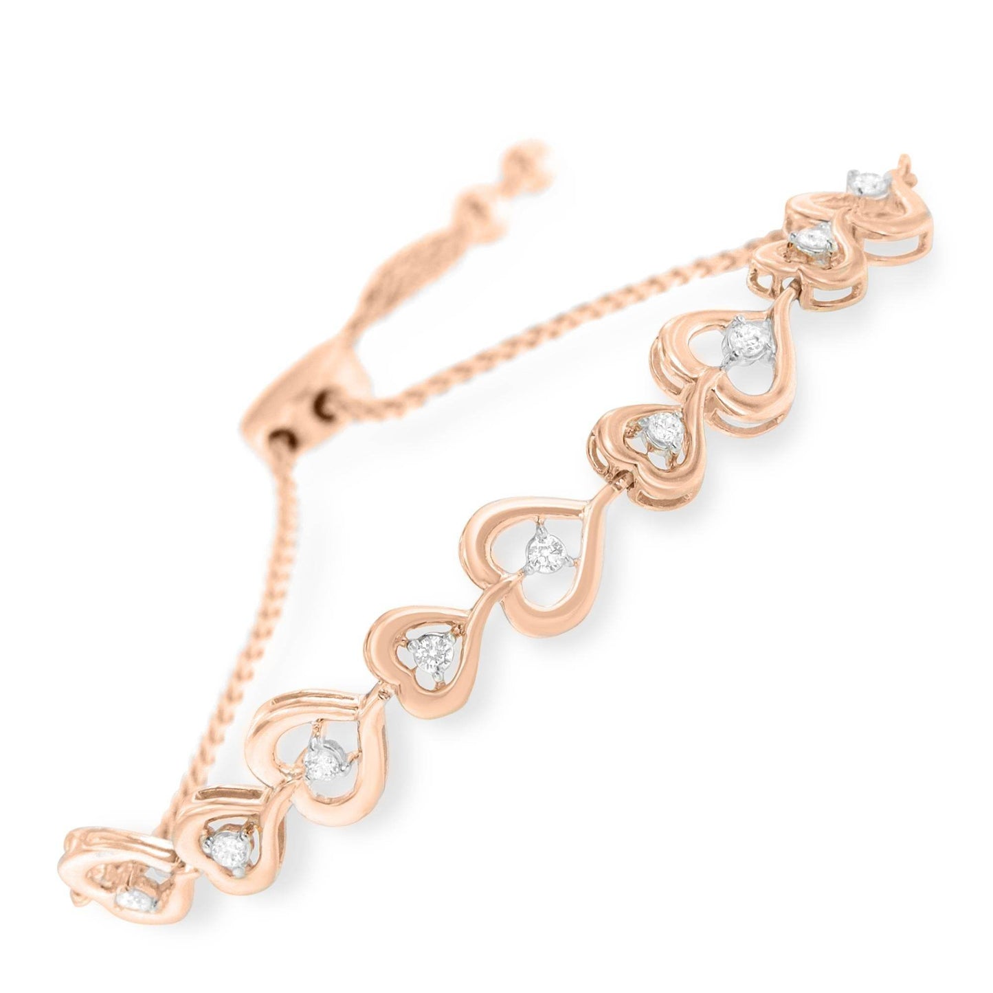Rose Plated Sterling Silver Diamond Heart-Linked Bolo Bracelet (0.30 cttw, H-I Color, I2-I3 Clarity) - Bijoux-NYC Direct