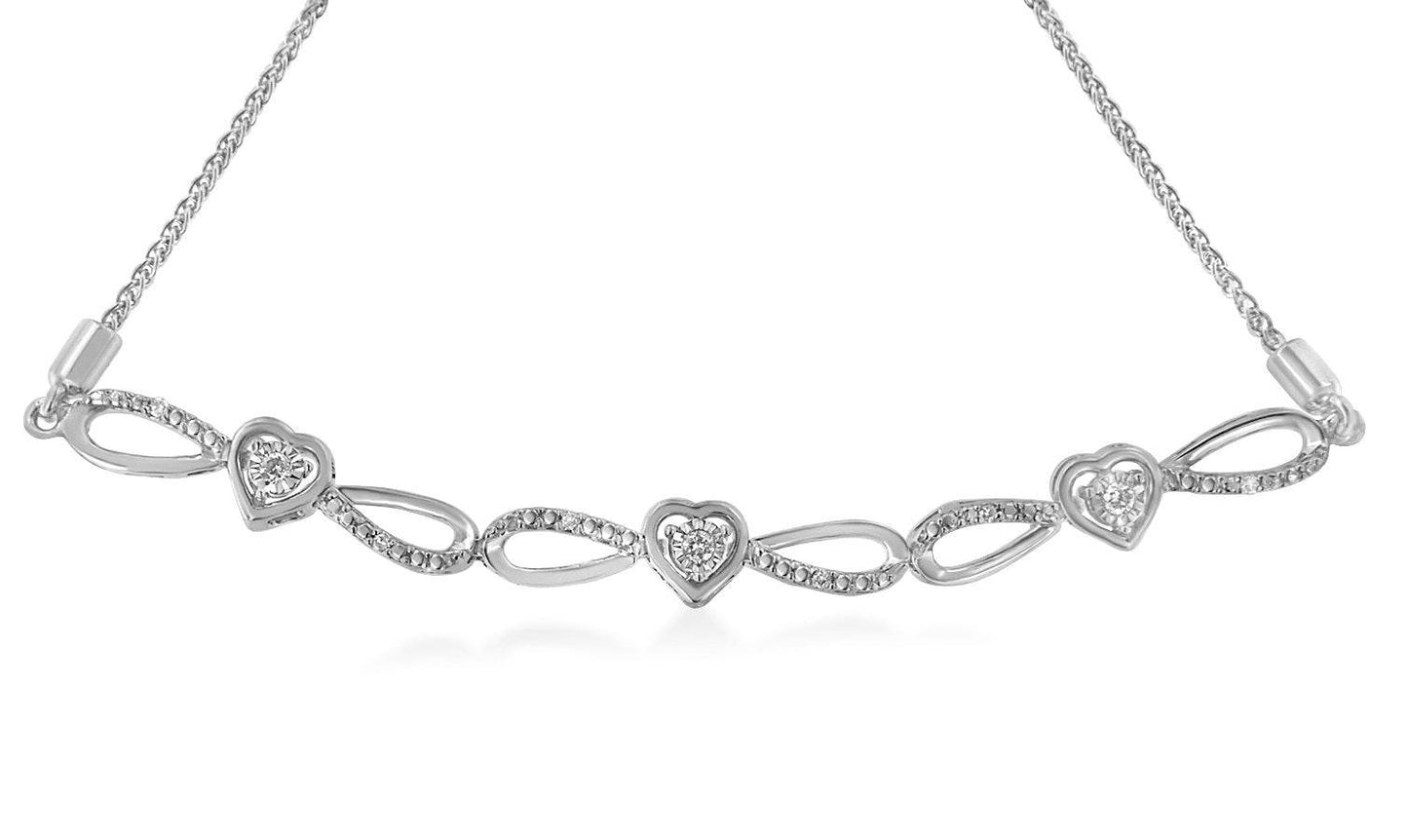 .925 Sterling Silver 1/10 Cttw Diamond Triple Heart-in-Infinity Bolo Style Adjustable Bracelet (H-I Color, I2-I3 Clarity) - Bijoux-NYC Direct