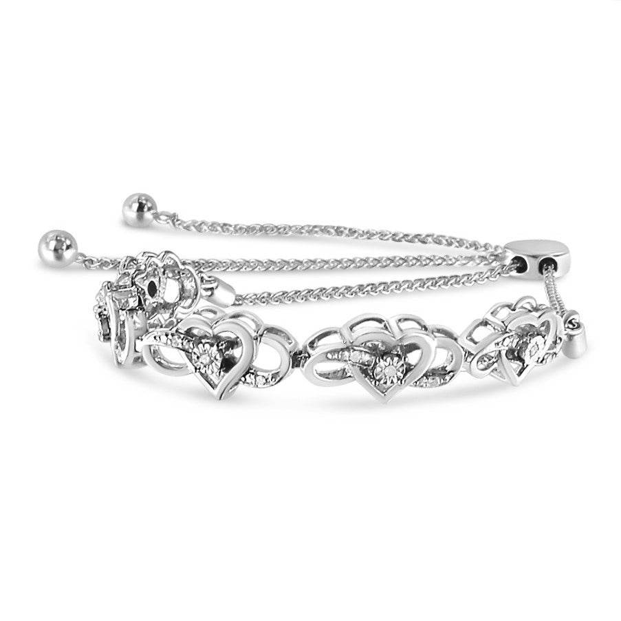.925 Sterling Silver Miracle Set Diamond Accented Infinity Hearts 6”-9” Adjustable Bolo Bracelet (H-I Color, I2-I3 Clarity) - Bijoux-NYC Direct