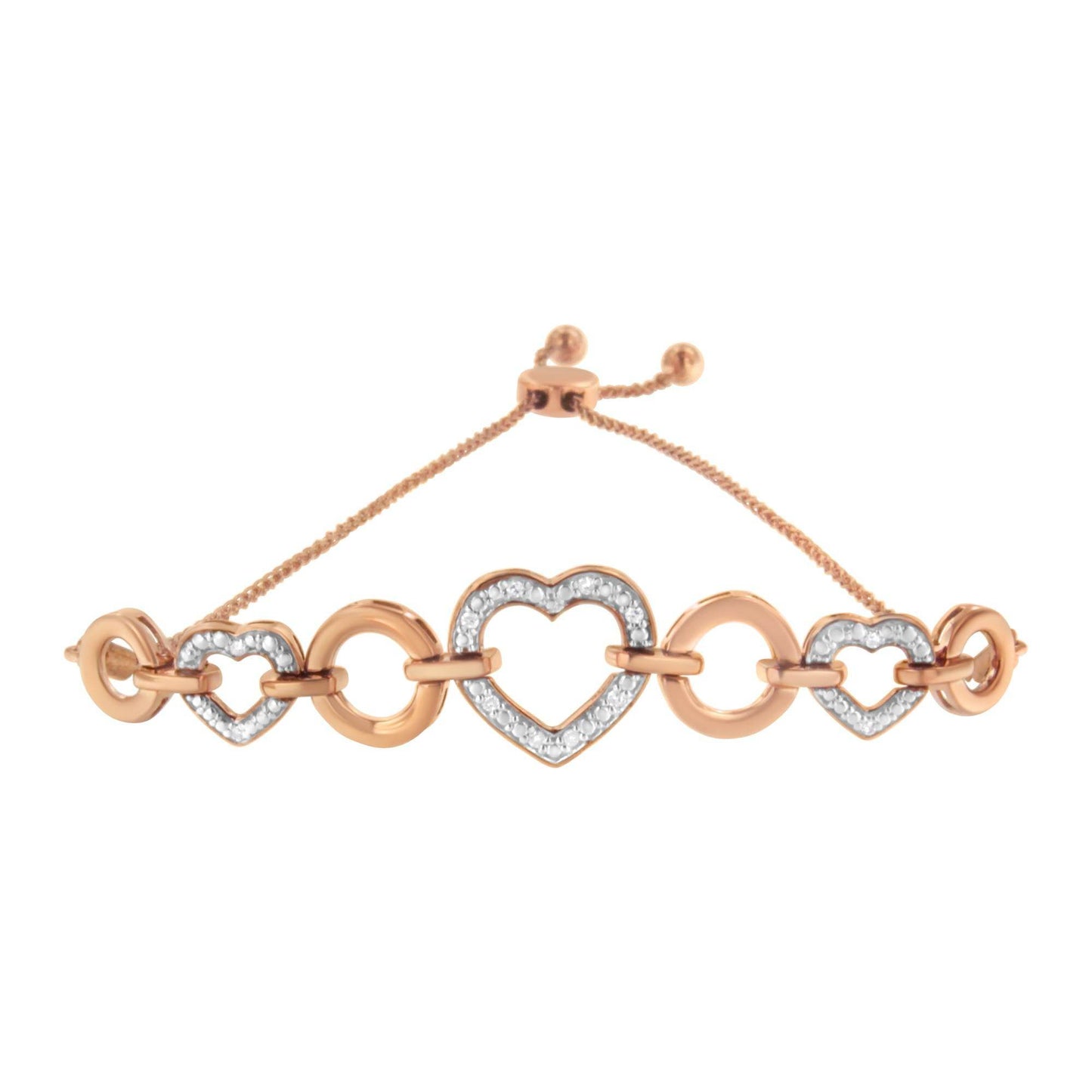14K Rose Gold Plated .925 Sterling Silver Diamond Accent Circle and Heart Link Adjustable 6”-10” Bolo Bracelet (I-J Color, I3 Clarity) - Bijoux-NYC Direct
