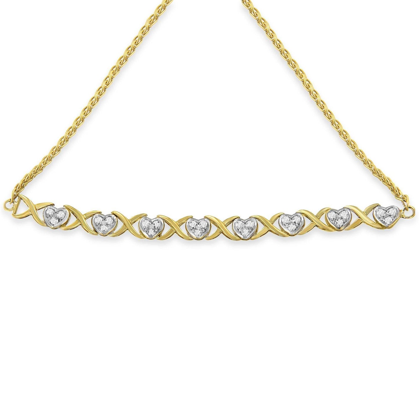 10K Yellow Gold over .925 Sterling Silver 1/10 Cttw Diamond Heart and X-Link 6”-9” Adjustable Bolo Bracelet (H-I Color, I2-I3 Clarity) - Bijoux-NYC Direct