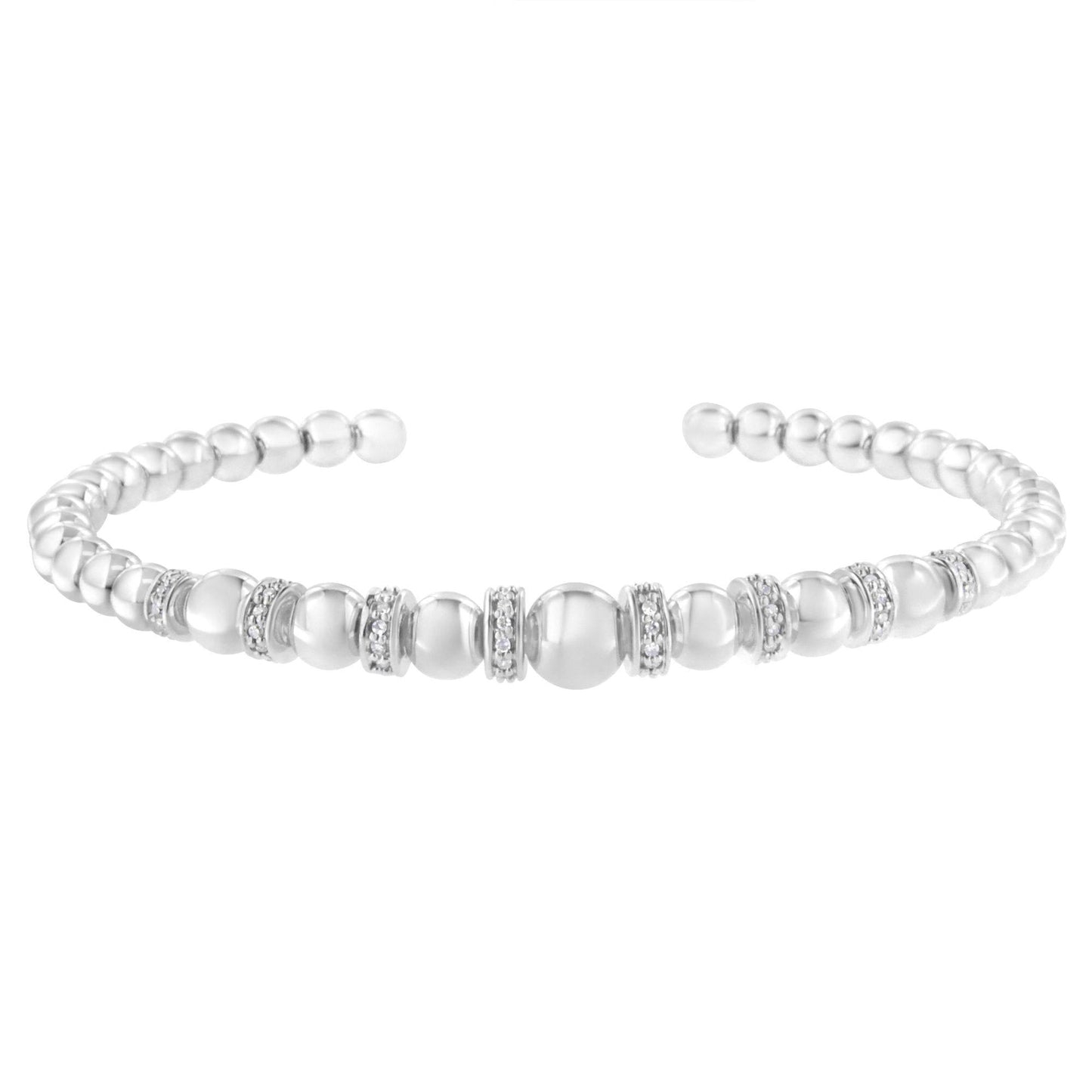 .925 Sterling Silver 1/4 Cttw Diamond Rondelle Graduated Ball Bead Cuff Bangle Bracelet (I-J color, I2-I3 clarity) - Fits wrists up to 7 1/2 inches - Bijoux-NYC Direct