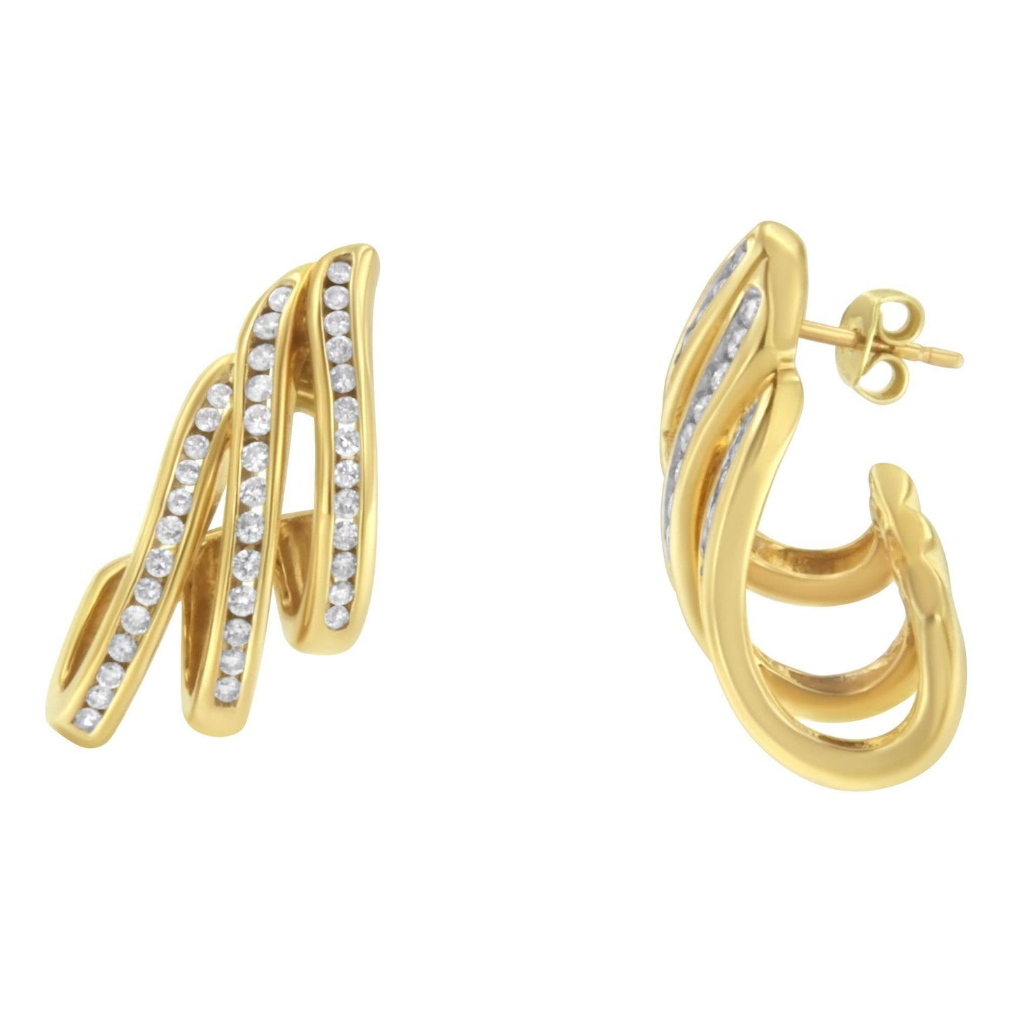 10K Yellow Gold 1.0 Cttw Round Brilliant Cut Diamond Spiral Multi Row Channel Set Open Hoop Pushback Stud Earrings (H-I Color, I1-I2 Clarity) - Bijoux-NYC Direct