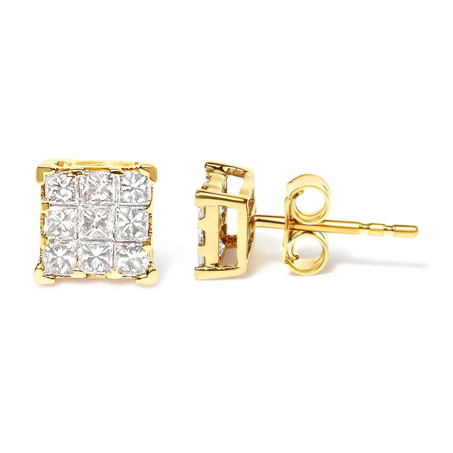 14K Yellow Gold 1/2 Cttw Invisible Set Princess-Cut Diamond 9 Stone Square Stud Earrings (J-K Color, SI2-I1 Clarity) - Bijoux-NYC Direct