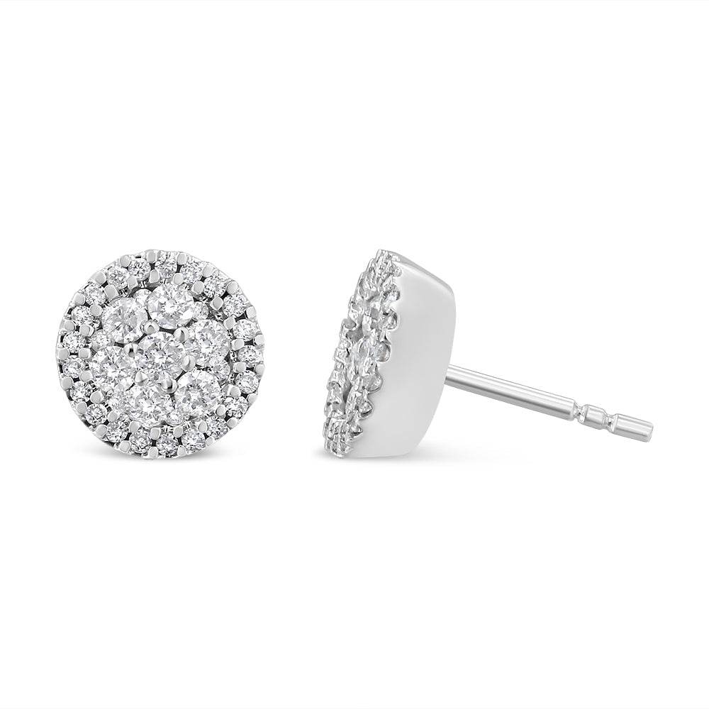 14K White Gold 1.0 Cttw Brilliant-Cut Diamond Halo-Style Cluster Round Button Stud Earrings (H-I Color, I1-I2 Clarity) - Bijoux-NYC Direct