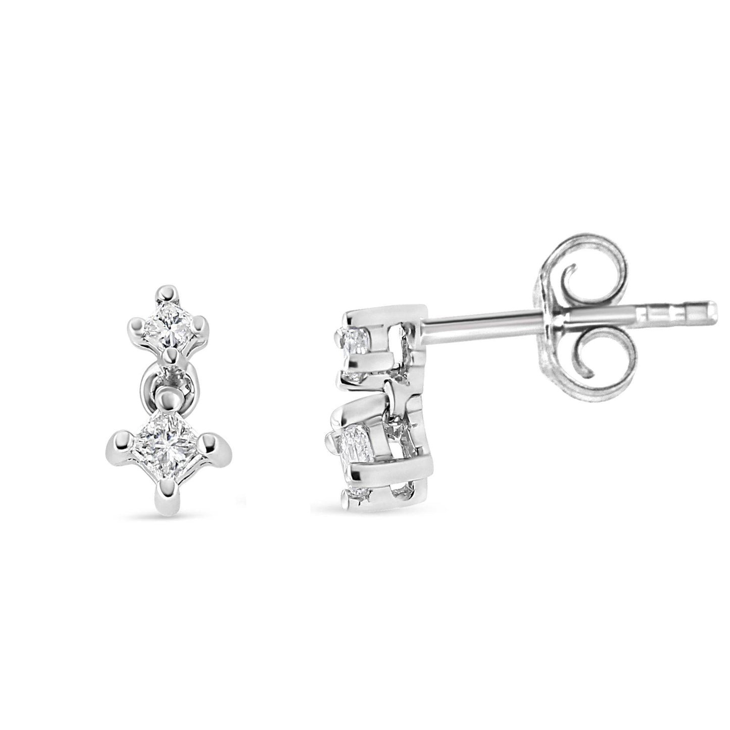 14K White Gold 1/4 Cttw 4 Prong Set Princess-Cut Double Diamond Drop and Dangle Stud Earrings (I-J Color, I2-I3 Clarity) - Bijoux-NYC Direct